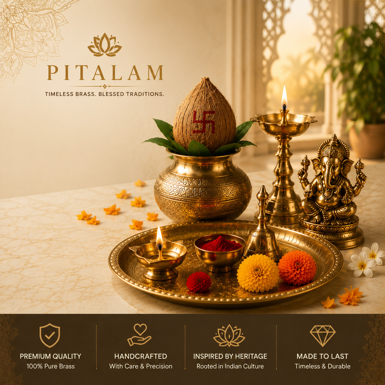 Polished brass lota on a plate with flower petals and glowing diyas