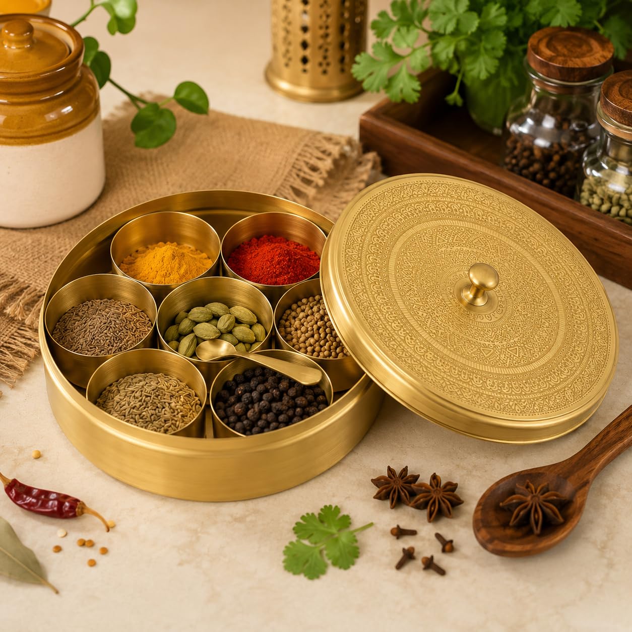 PITALAM Pure Brass Masala Dabba Spice Box with Spoon, 7 Containers 8