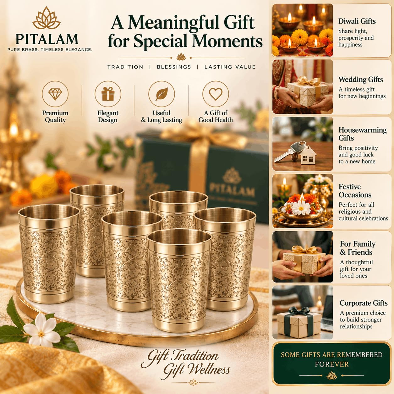 PITALAM Flora Design Pure Brass Glass Set of 6, 4 Inch 6