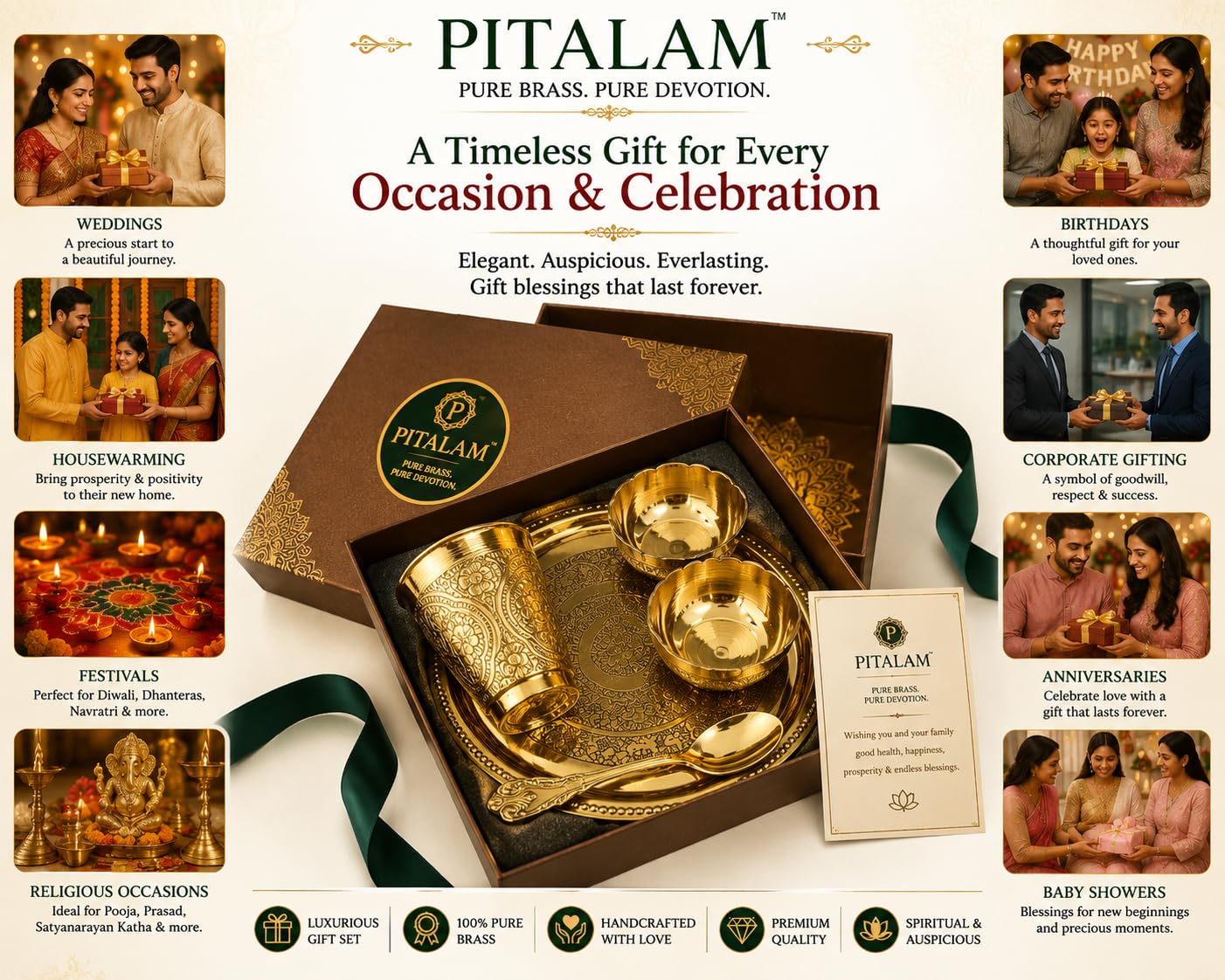 PITALAM 100% Pure Brass Round Bhog Thali/Pooja Plate 8 Inch (5, Round Pure Brass 8 Inch Bhog Thali) 5