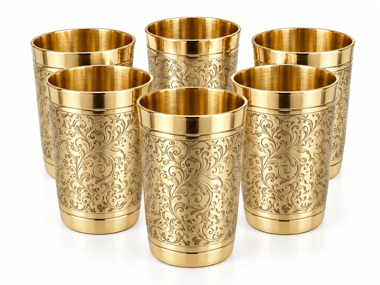 PITALAM Flora Design Pure Brass Glass Set of 6, 4 Inch