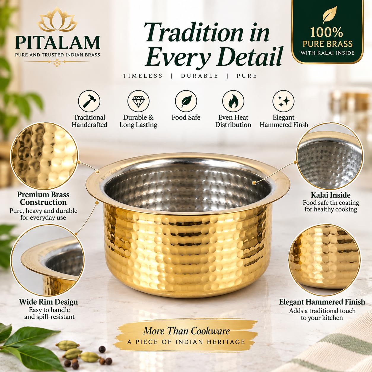 PITALAM 100% Pure Brass Bhagona Patila with Kalai Inside, 7 Inch 3