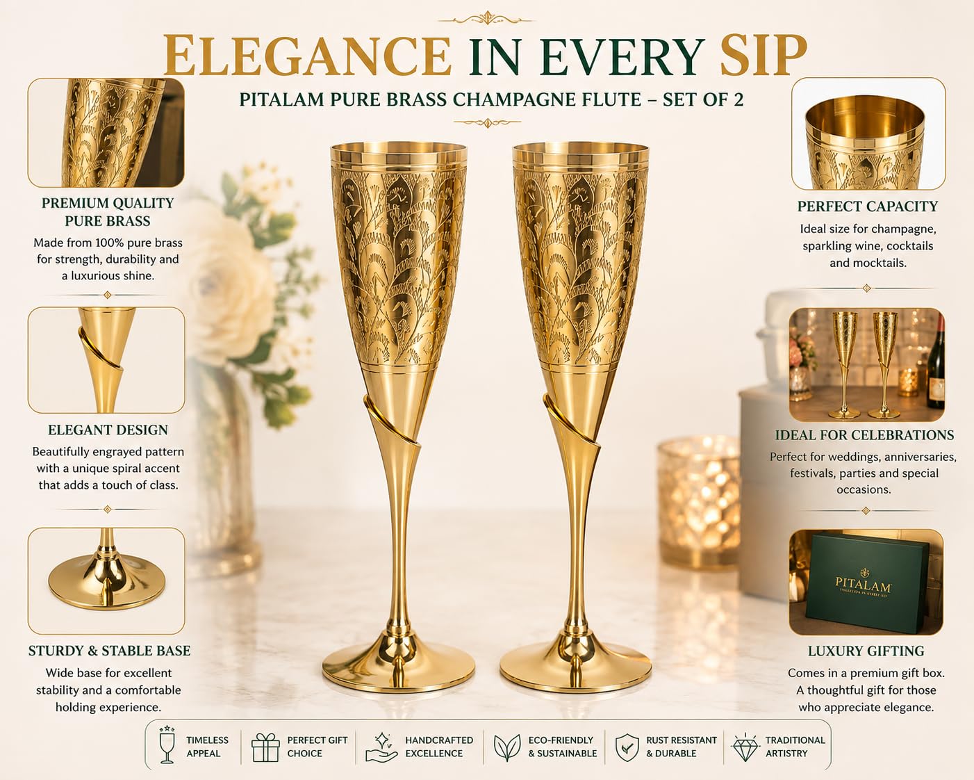 PITALAM | 100% Pure Brass Premium Champagne Flute Set of 2, Weighted 3