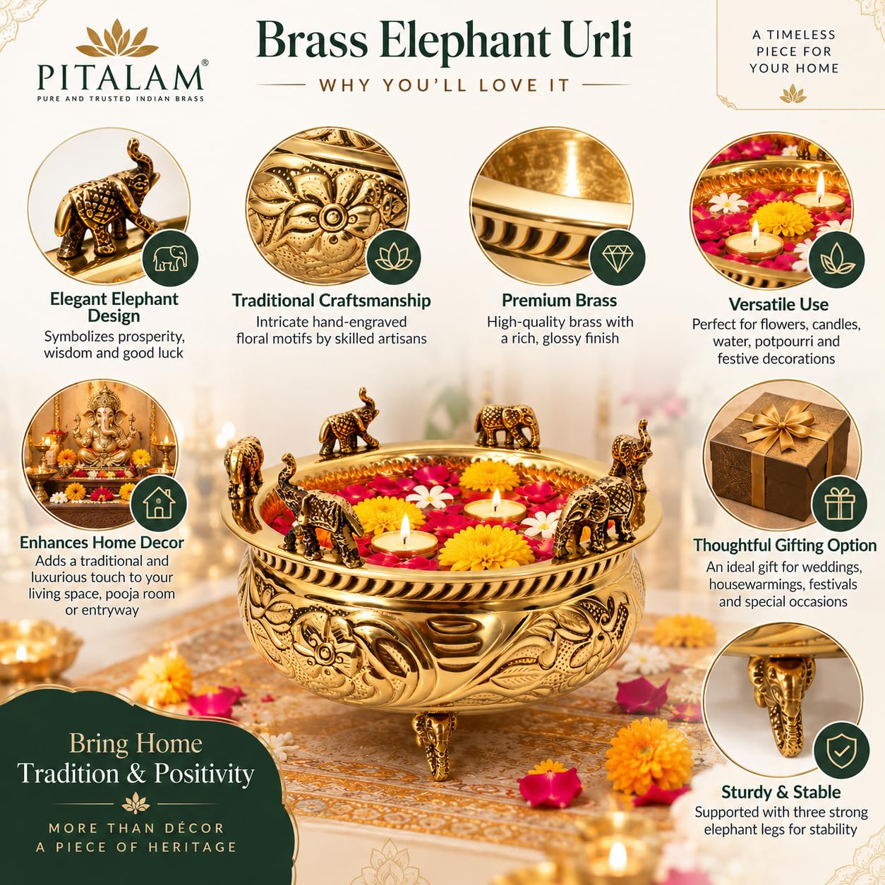 PITALAM Brass Elephant Urli for Home & Pooja Decor, 8 inch 6