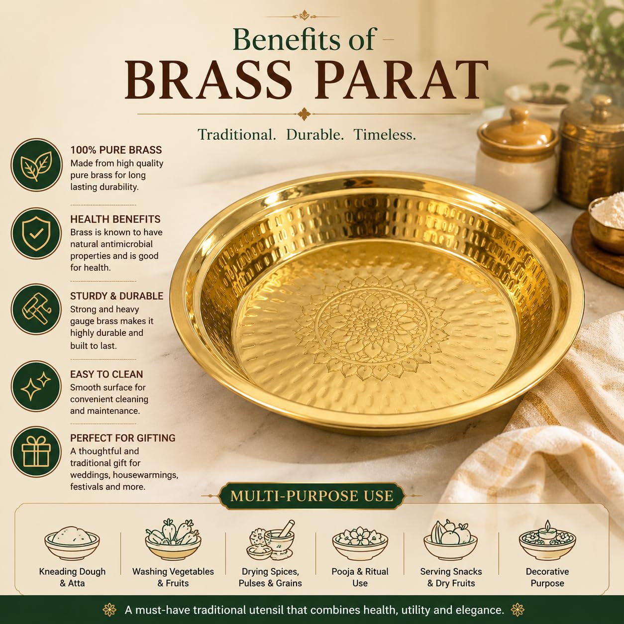 PITALAM 100% Brass Paraat for Dough Atta Kneading Hammered 3