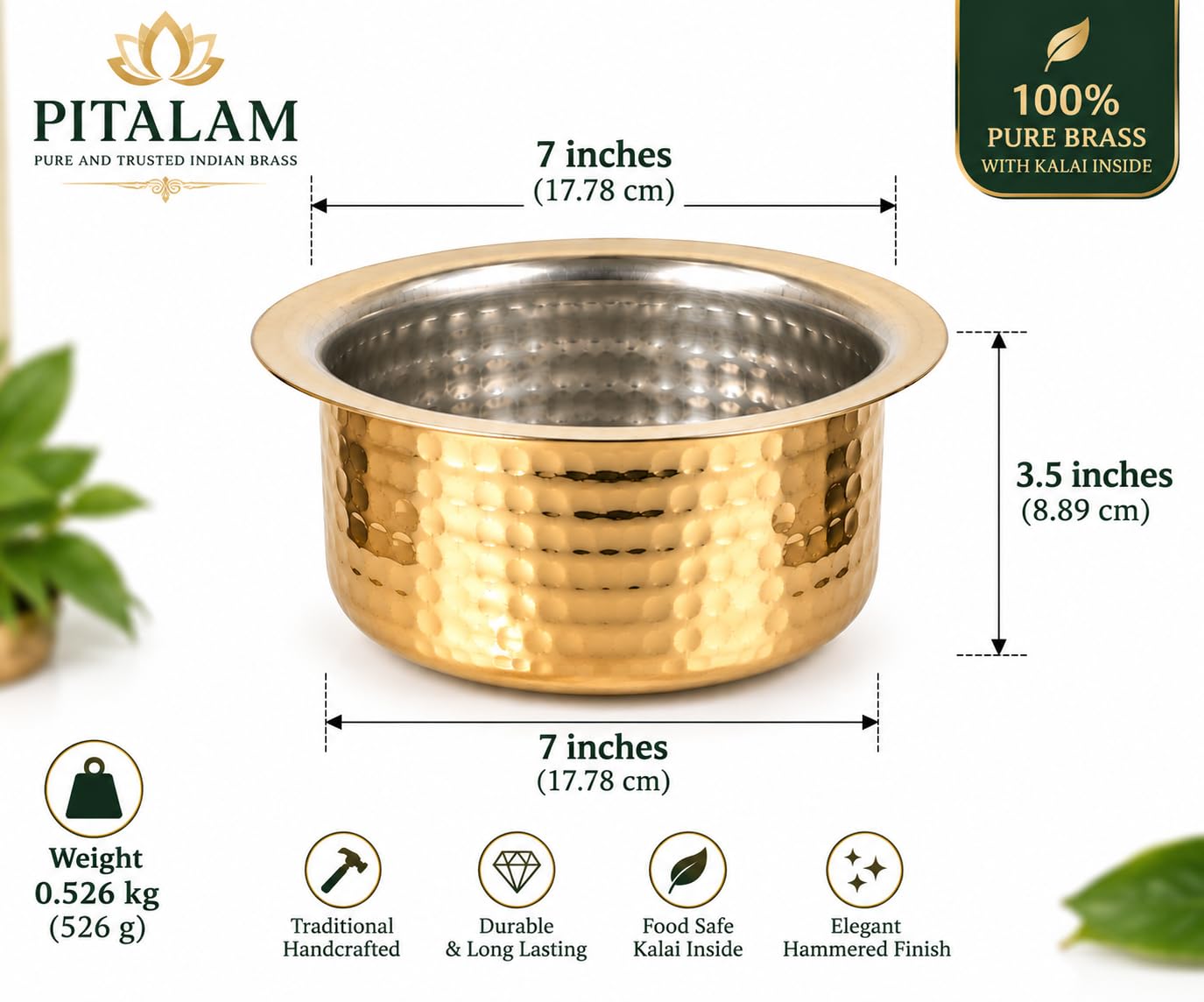 PITALAM 100% Pure Brass Bhagona Patila with Kalai Inside, 7 Inch 5