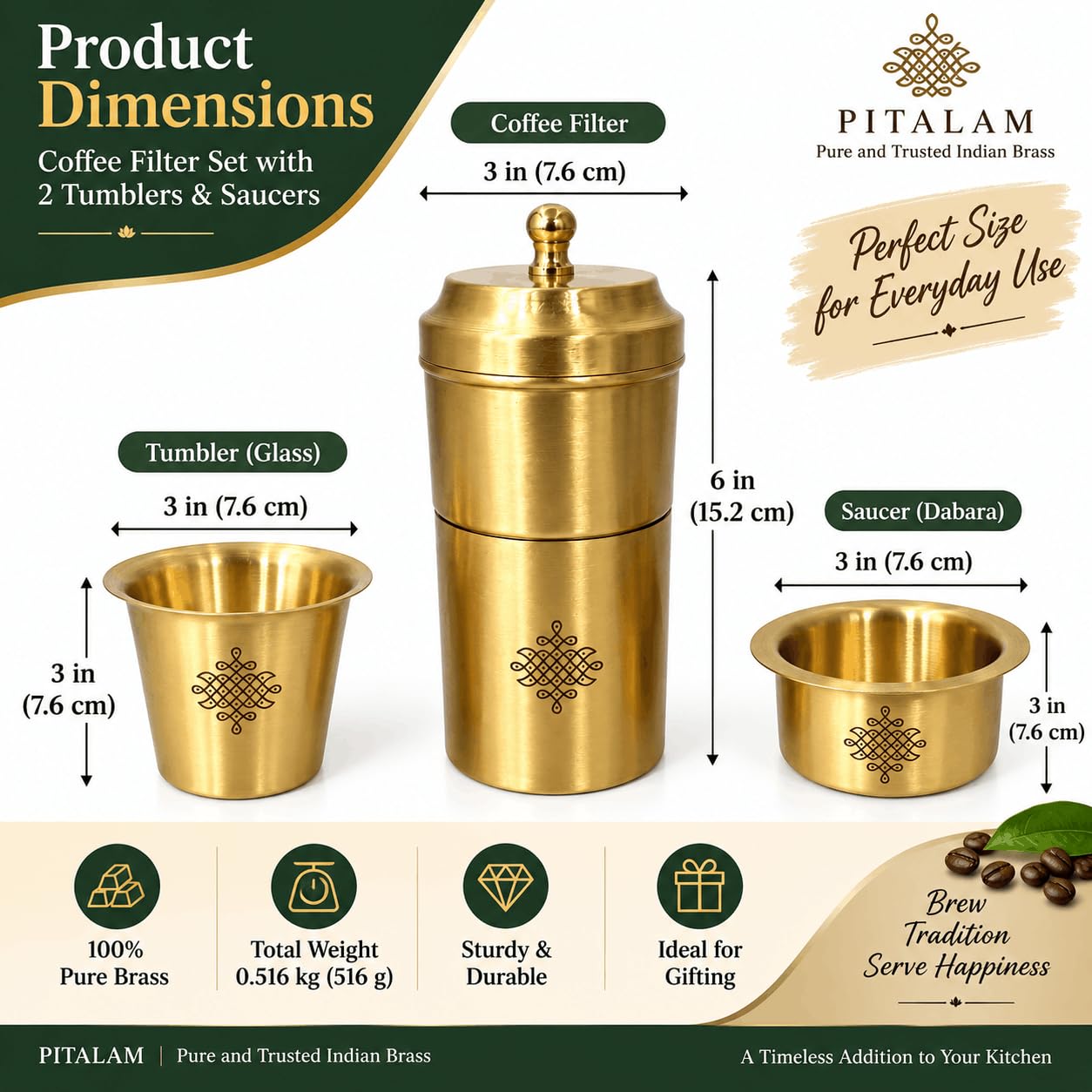 PITALAM 100% Pure Brass South Indian Filter Coffee Set 3