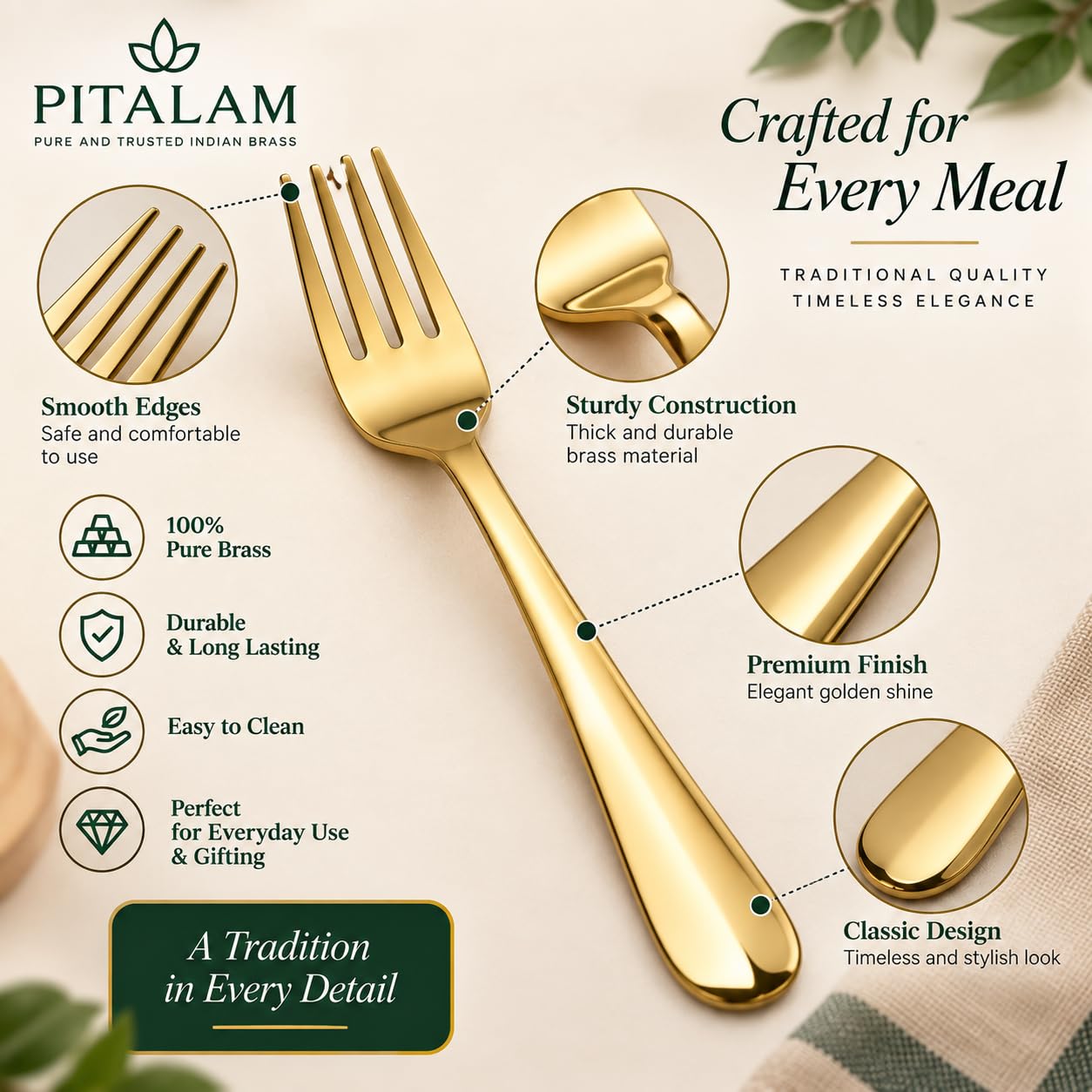 PITALAM 100% Pure Brass Fork Set of 6, 7.5 Inch 2
