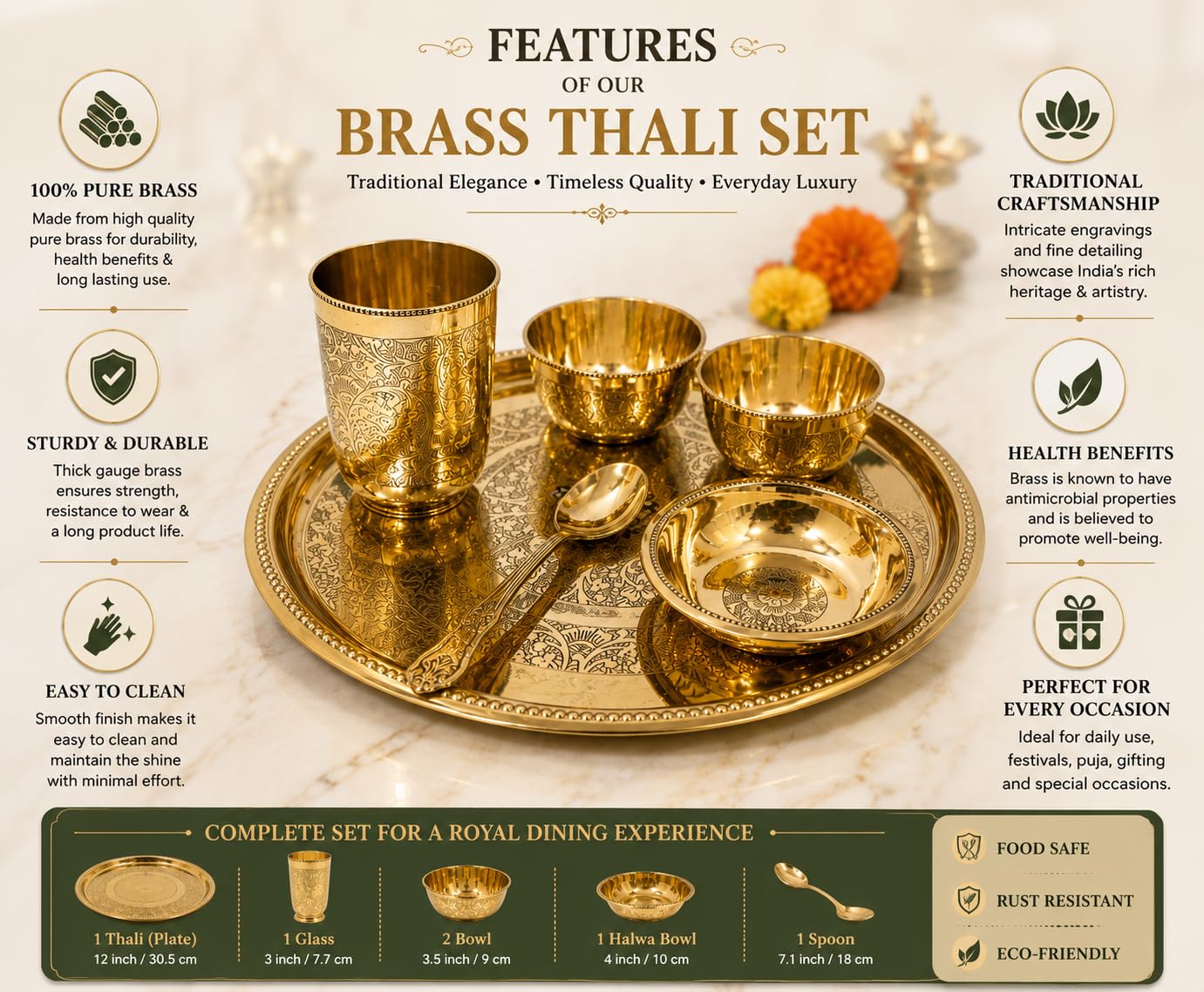 PITALAM | 100% Pure Premium Brass Dinner Thali Set | 12 Inch Traditional Dining Set with 3 Bowls, 1 Glass & 1 Spoon |Festive Dining & Gifting | 1.12 kg Weight 3