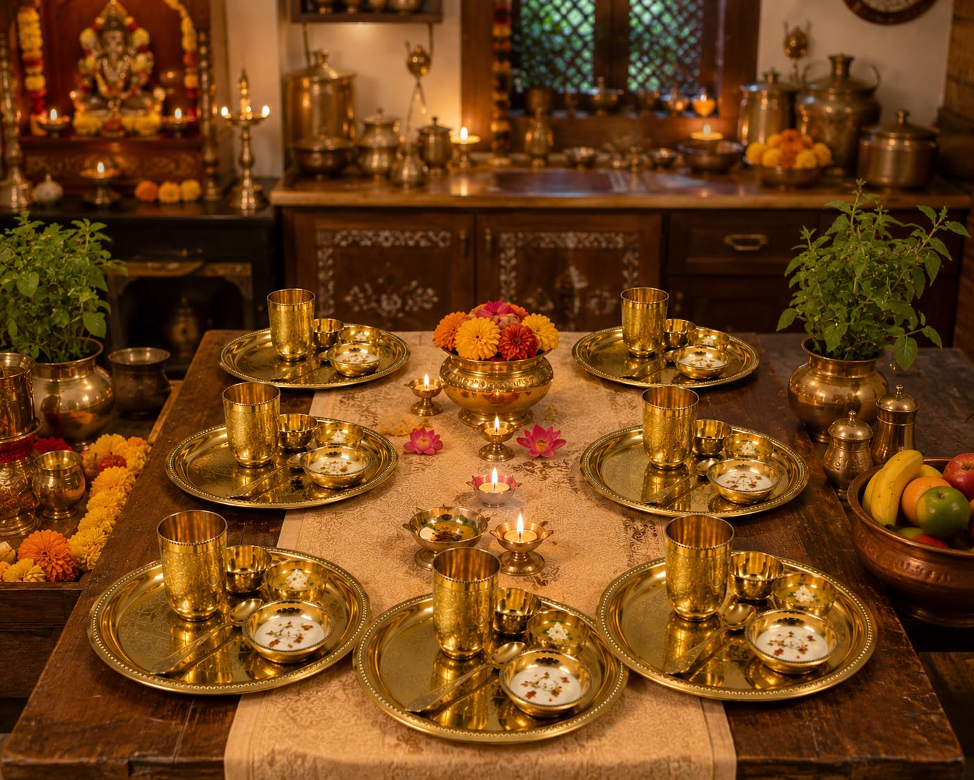 PITALAM | 100% Pure Premium Brass Dinner Thali Set | 12 Inch Traditional Dining Set with 3 Bowls, 1 Glass & 1 Spoon |Festive Dining & Gifting | 1.12 kg Weight 10
