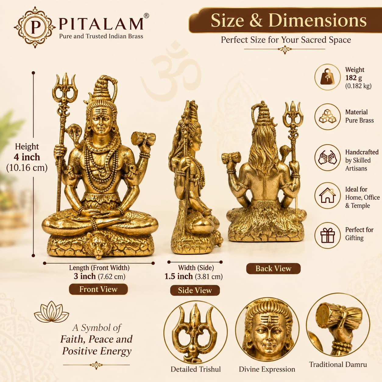 PITALAM 100% Pure Brass Lord Shiva Idol with Trishul & Damru, 4 inch 4