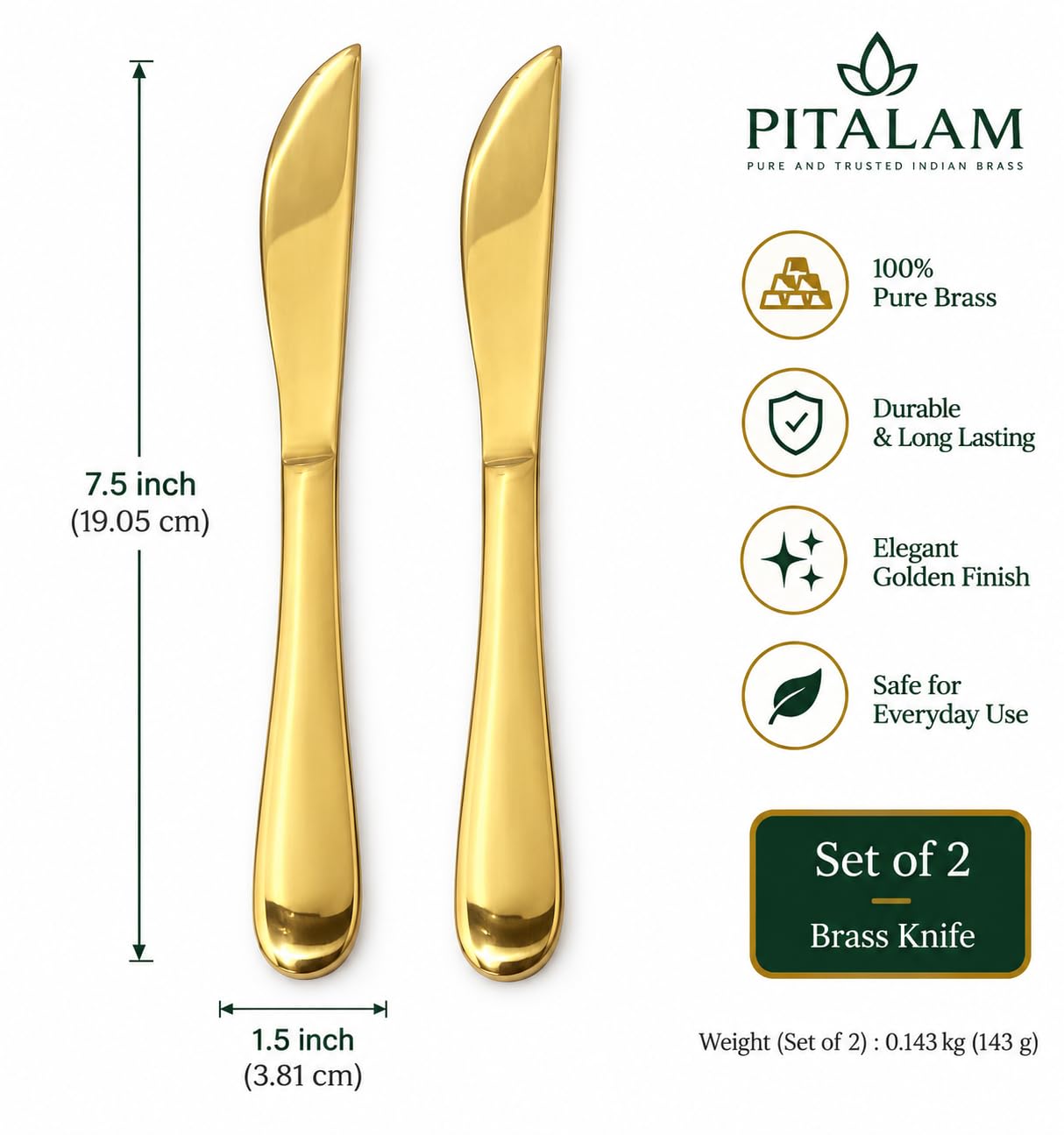 PITALAM 100% Pure Brass Butter Spreader, Set of 2, 19.05 cm 3