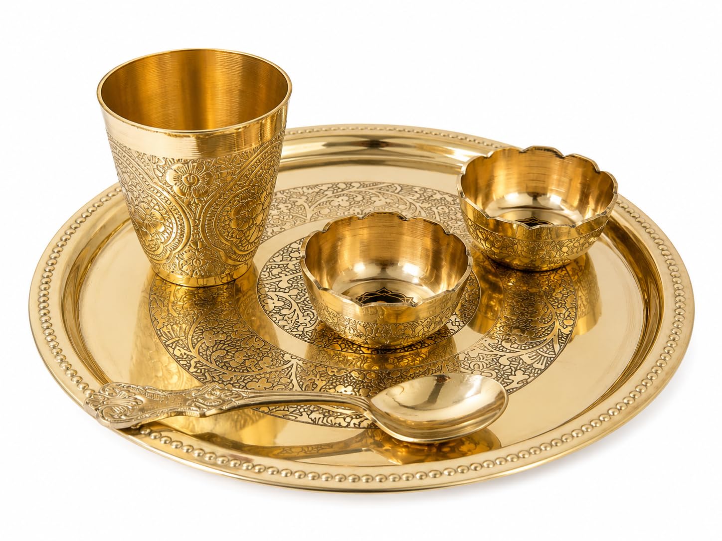 PITALAM 100% Pure Brass Round Bhog Thali/Pooja Plate 8 Inch (5, Round Pure Brass 8 Inch Bhog Thali)