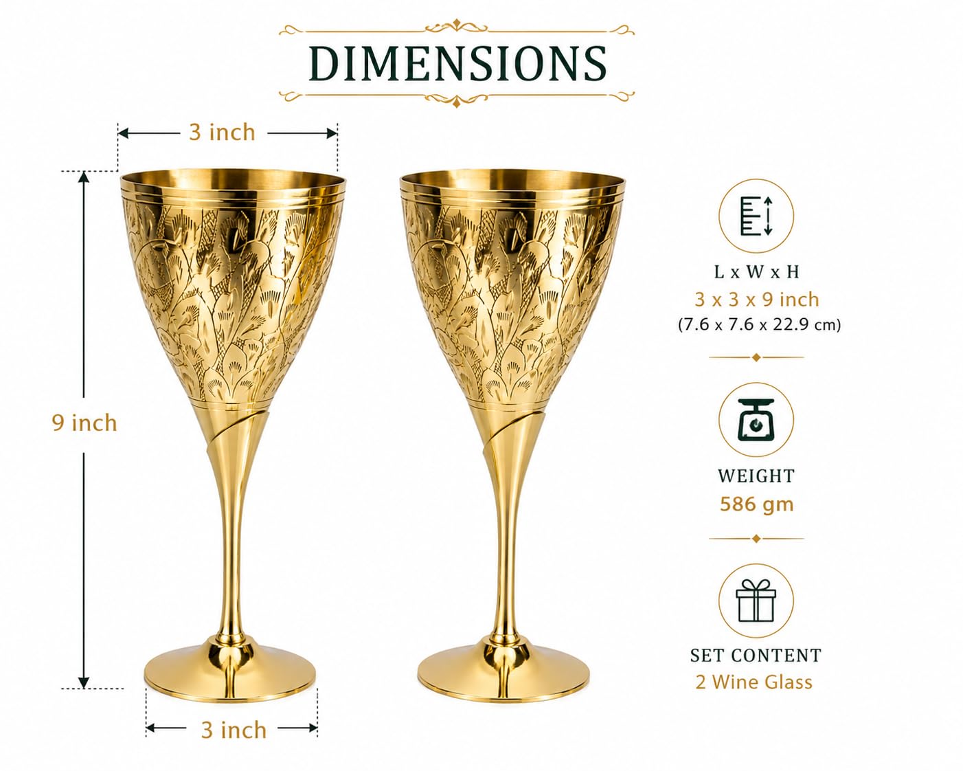 PITALAM | Pure Brass Wine Glass Set of 2, Hand Engraved Goblets, Weighted 4