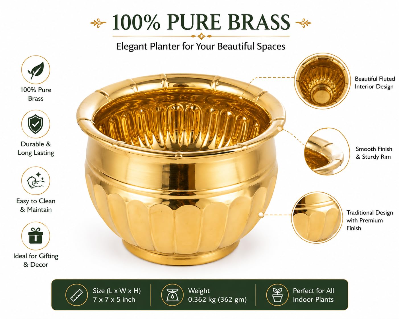 PITALAM 100% Pure Brass Round Planter Pot, 17.78 x 12.70 cm 6