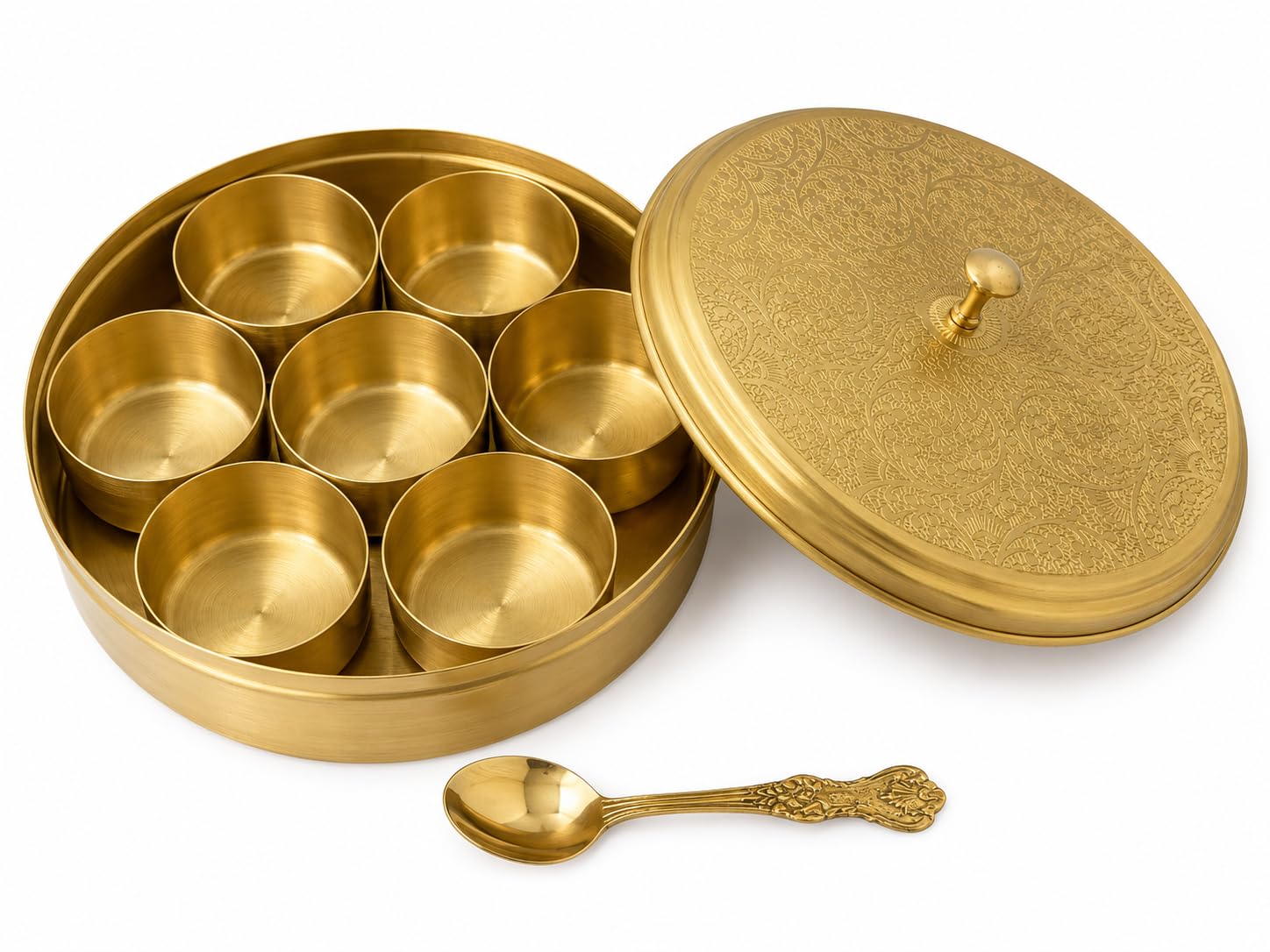 PITALAM 100% Pure Brass Spice Box for Kitchen with Spoon | 7 Containers Masala Box | Handcrafted Masala Dabba, Masaledani & Spice Storage Box | 1605 ml | Gold 3
