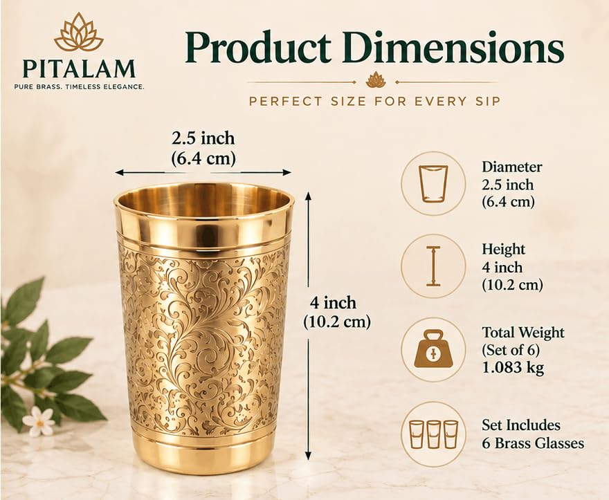 PITALAM Flora Design Pure Brass Glass Set of 6, 4 Inch 3