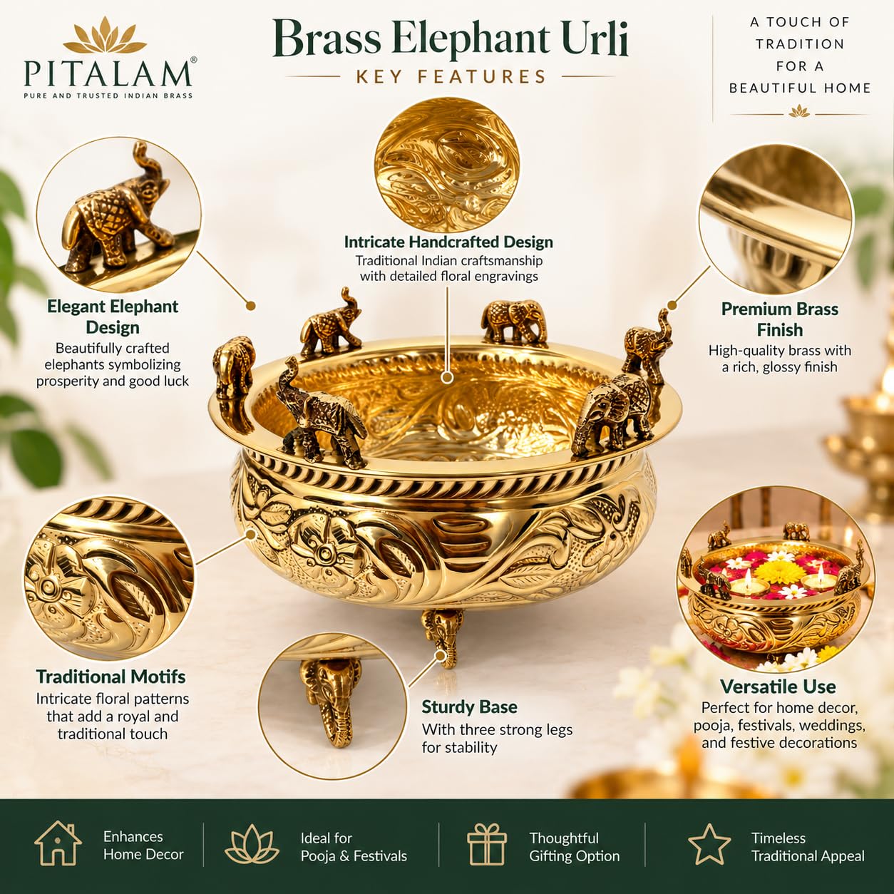 PITALAM Brass Elephant Urli for Home & Pooja Decor, 8 inch 3