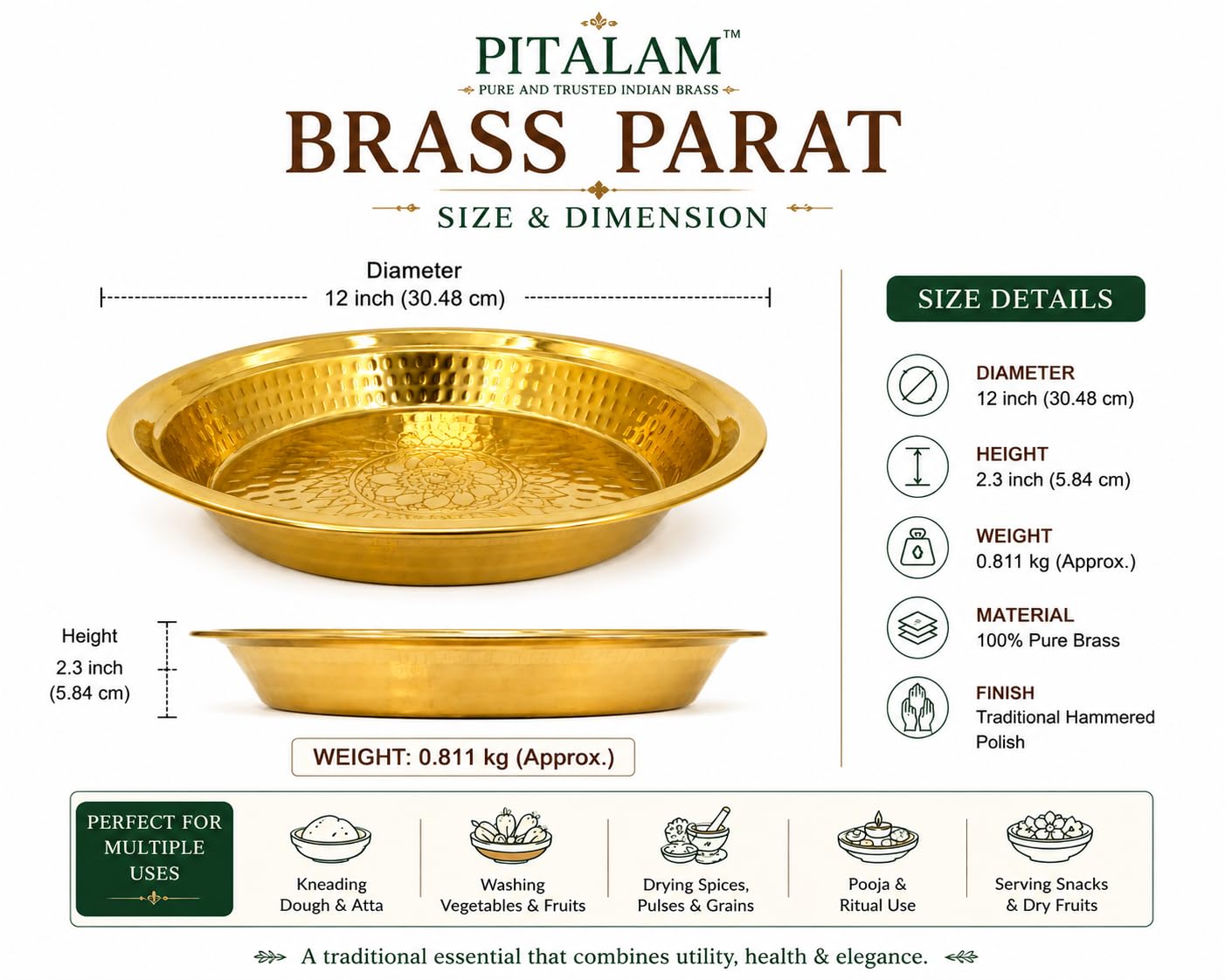 PITALAM 100% Brass Paraat for Dough Atta Kneading Hammered 2