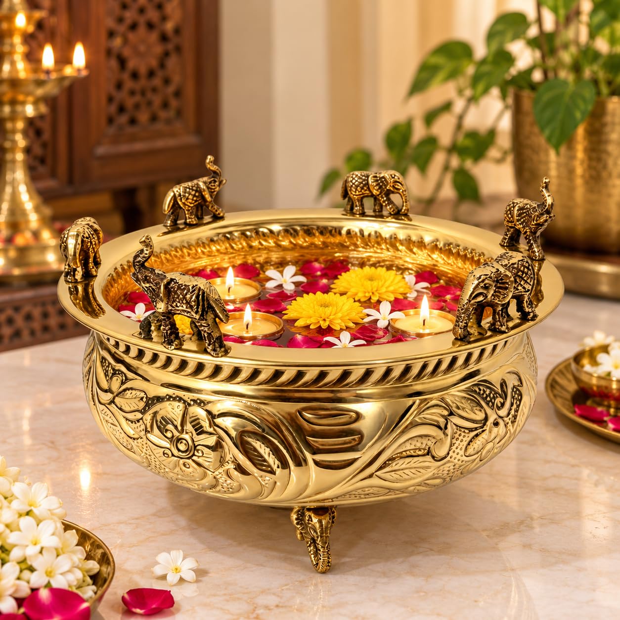PITALAM Brass Elephant Urli for Home & Pooja Decor, 8 inch 7