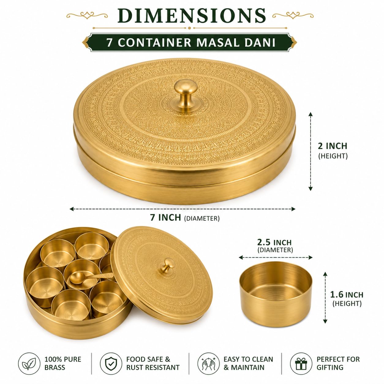 PITALAM Pure Brass Masala Dabba Spice Box with Spoon, 7 Containers 4