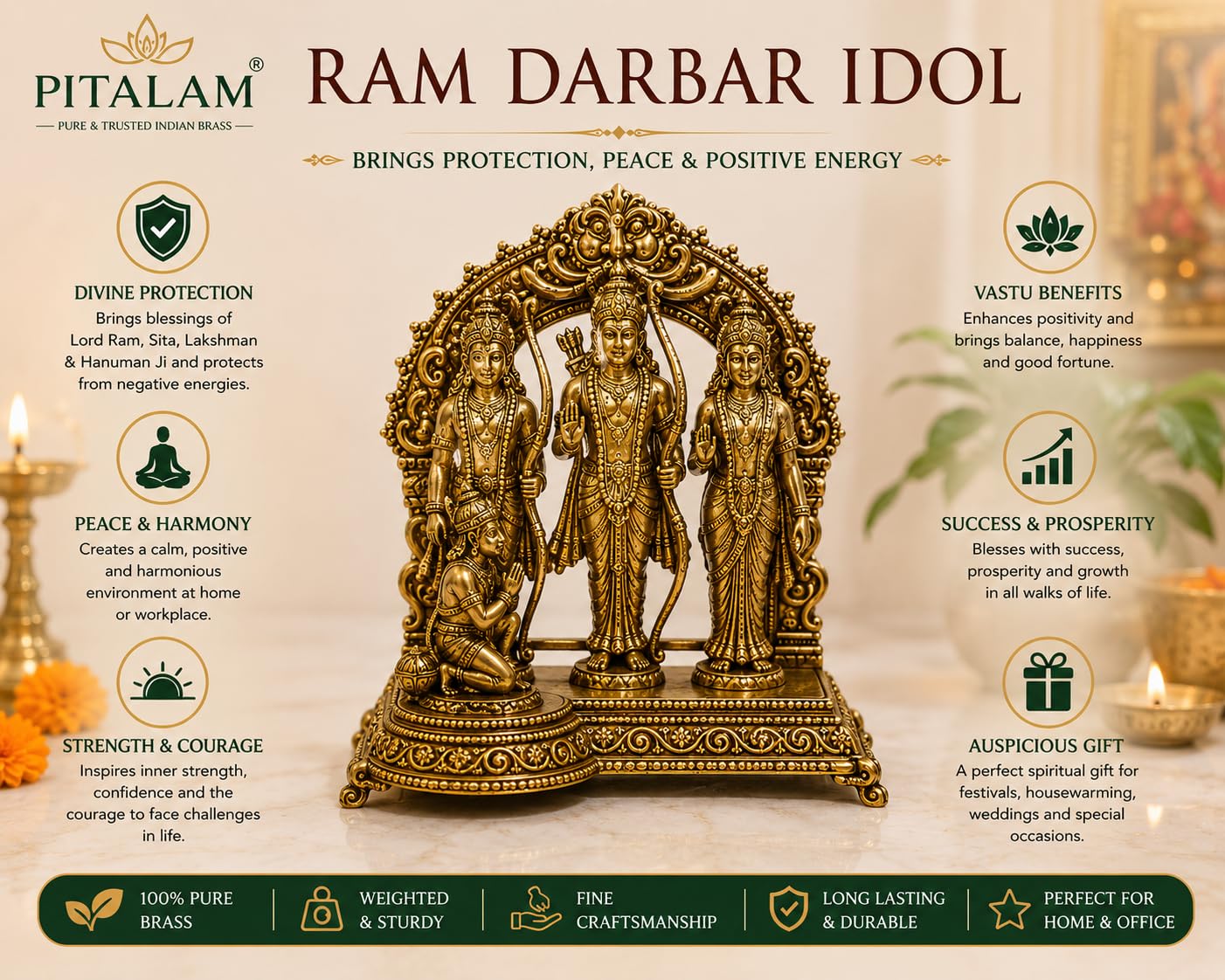 PITALAM Brass Ram Darbar Idol Ram Sita Lakshman Hanuman 5 inch 3