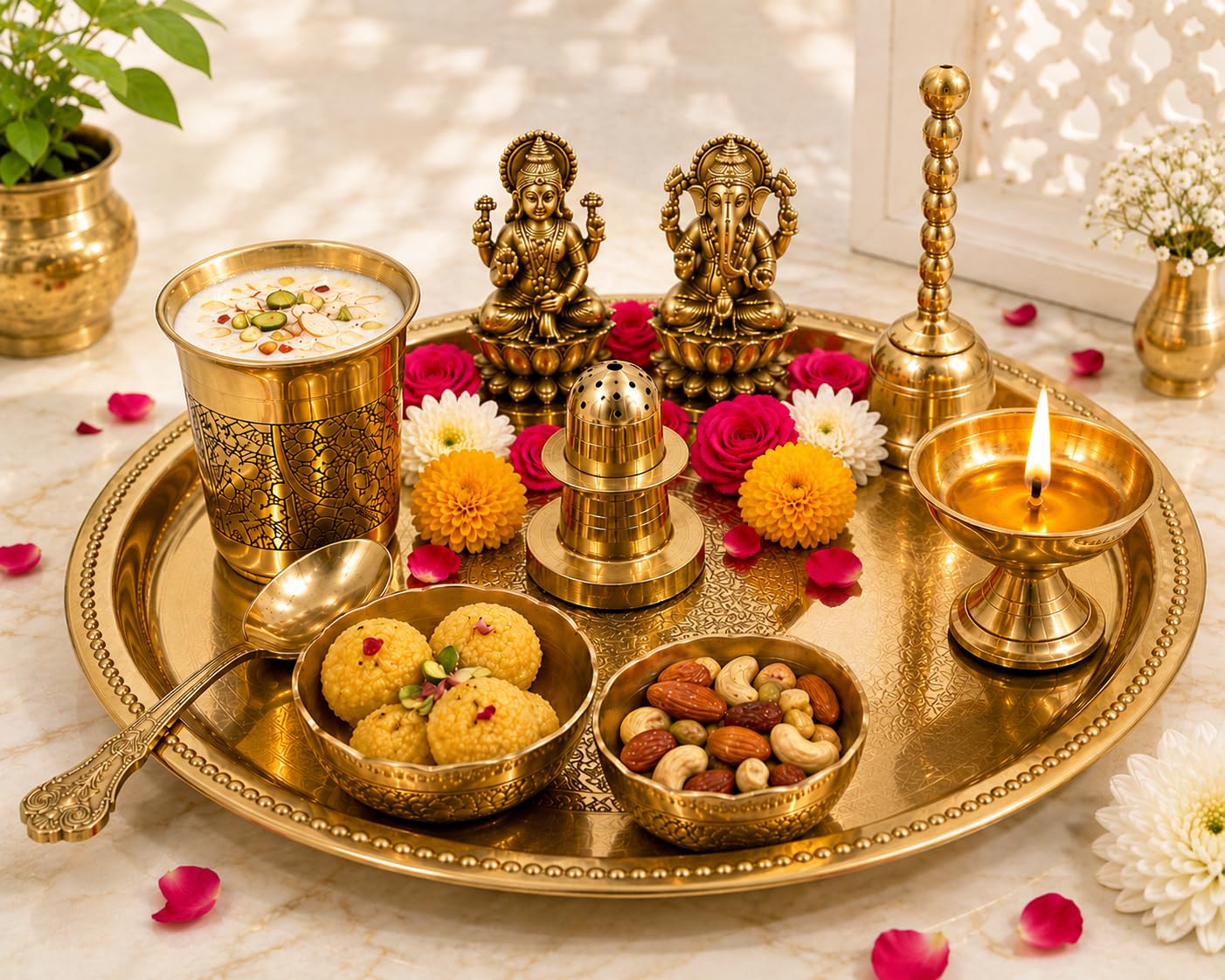 PITALAM 100% Pure Brass Round Bhog Thali/Pooja Plate 8 Inch (10, Arti Plate with Laxmi Ganesh Idol (10 Items)) 4