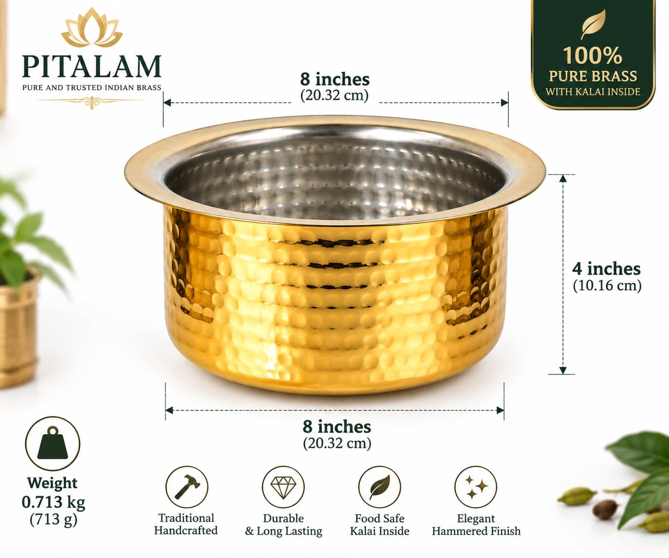 PITALAM Pure Brass Bhagona Patila with Kalai Inside, 8 Inch 3