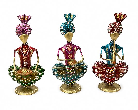 Traditional Musician Figurines Set of 3, 10.2 Inch | Indian Brass Showpiece, Handcrafted by Artisans, Tabletop Decor, Vibrant Hand-Painted, Living Room & Office