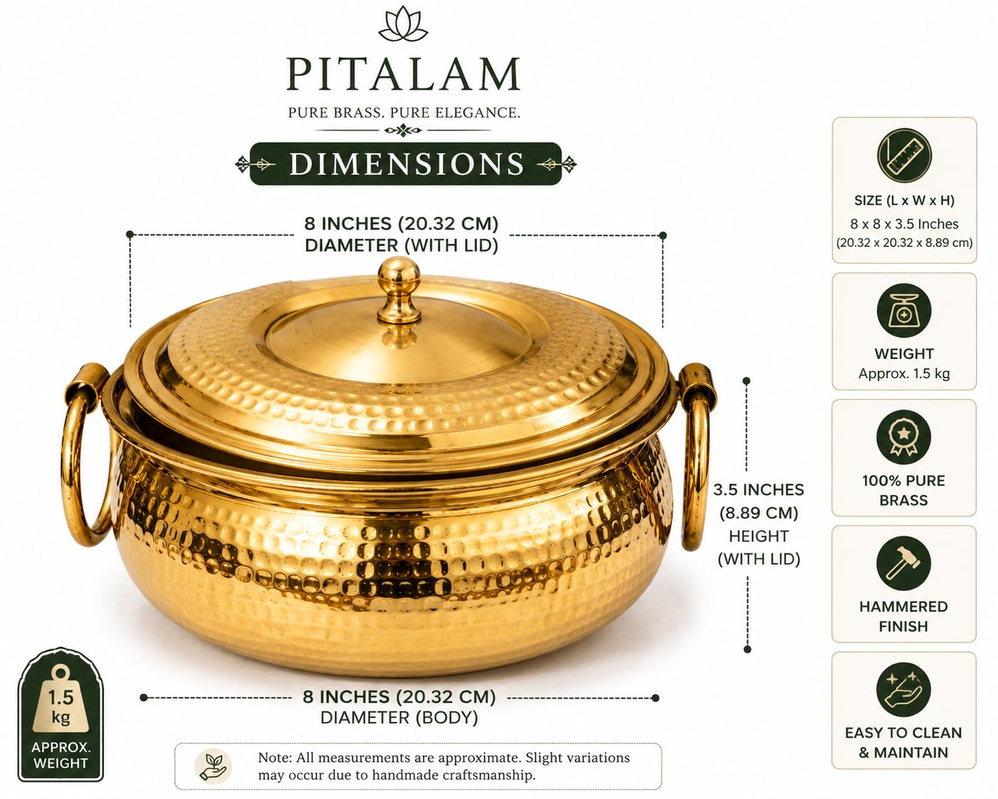 Pitalam Pure Brass Mughlai Lagan with Lid, 8x8x3.5 in 6