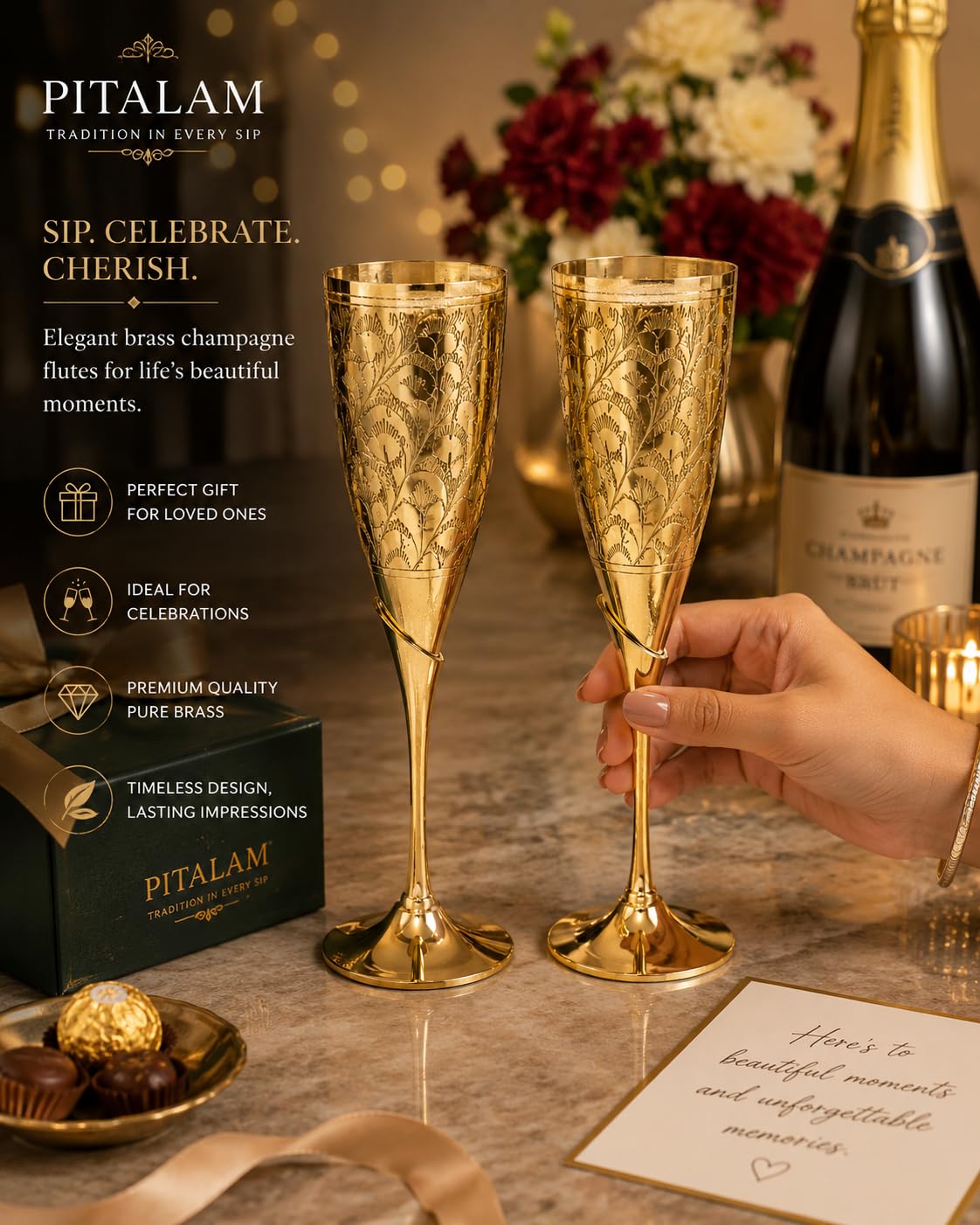 PITALAM | 100% Pure Brass Premium Champagne Flute Set of 2, Weighted 6