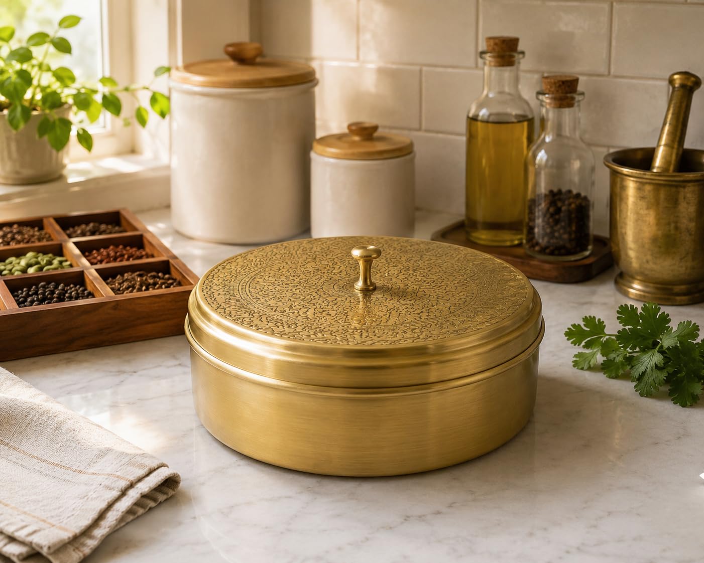 PITALAM 100% Pure Brass Spice Box for Kitchen with Spoon | 7 Containers Masala Box | Handcrafted Masala Dabba, Masaledani & Spice Storage Box | 1605 ml | Gold