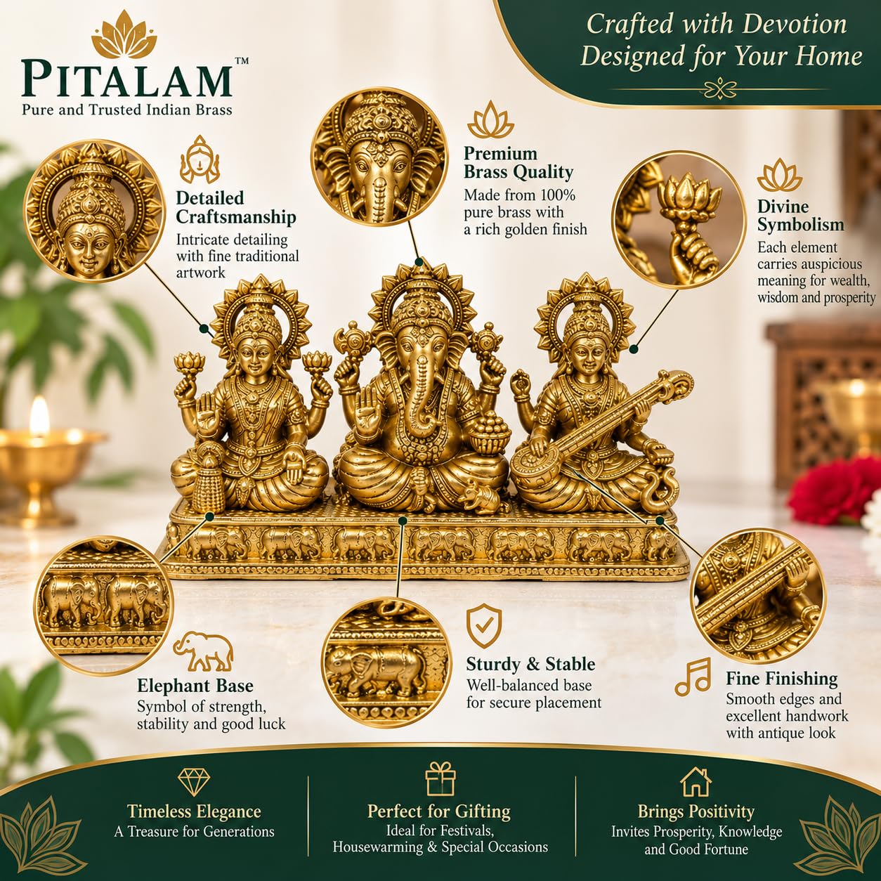 PITALAM 100% Pure Brass Lakshmi Ganesha Saraswati Idol, 5.5 x 3 inch 6