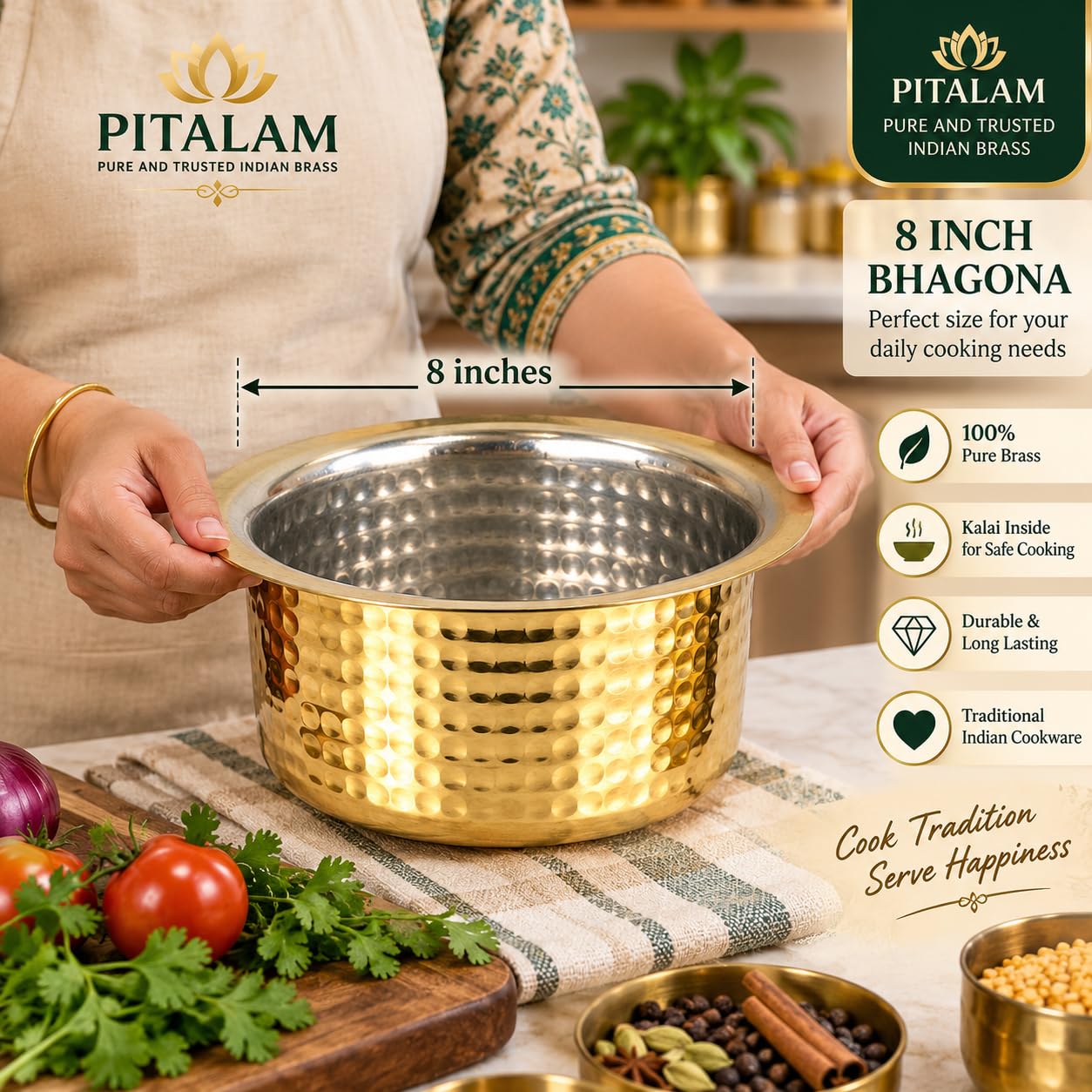 PITALAM Pure Brass Bhagona Patila with Kalai Inside, 8 Inch 4