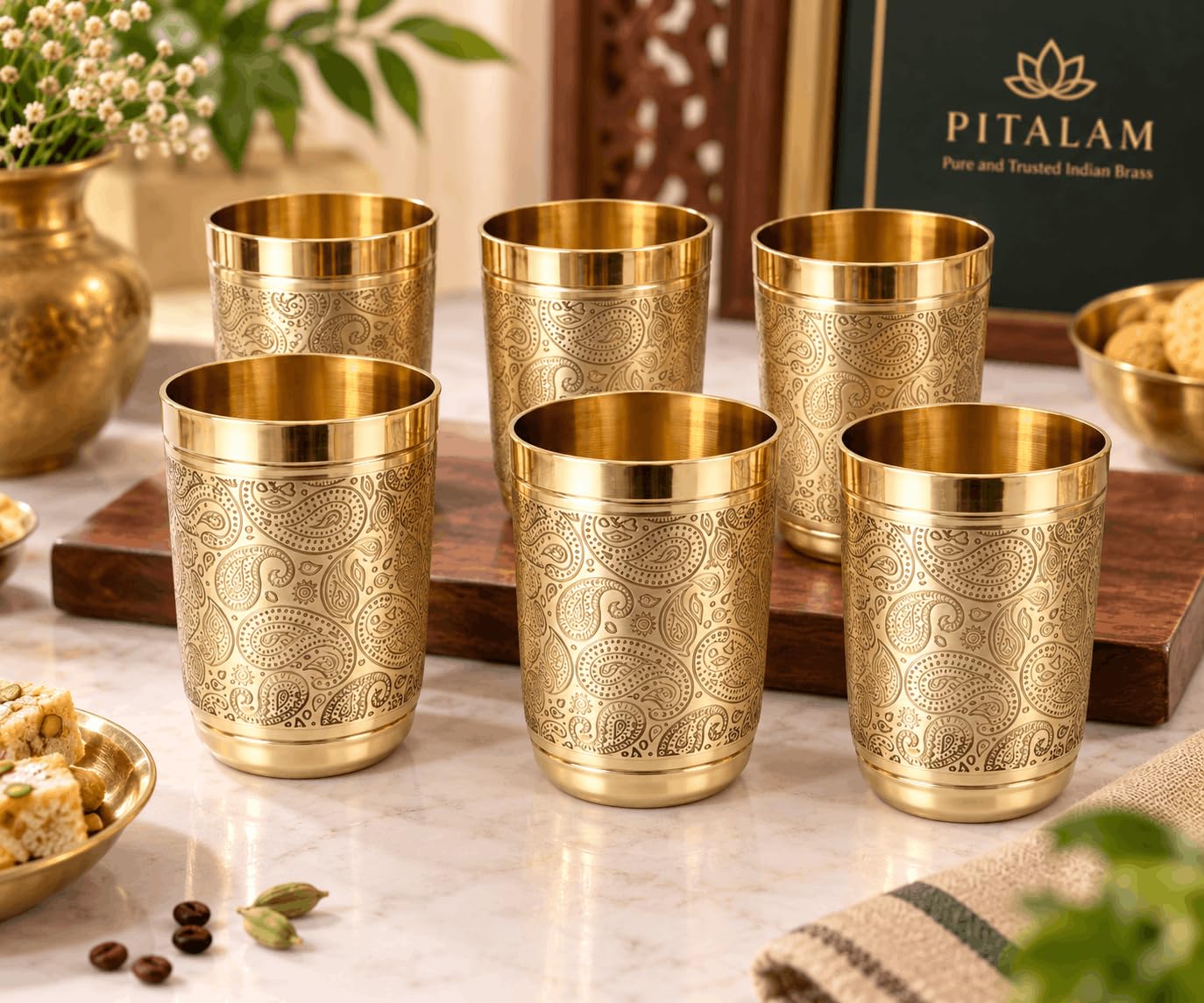 100% Pure Brass Heavy Ambrapali Brass Drinking Glass Set of 6, 250-300 ml 2