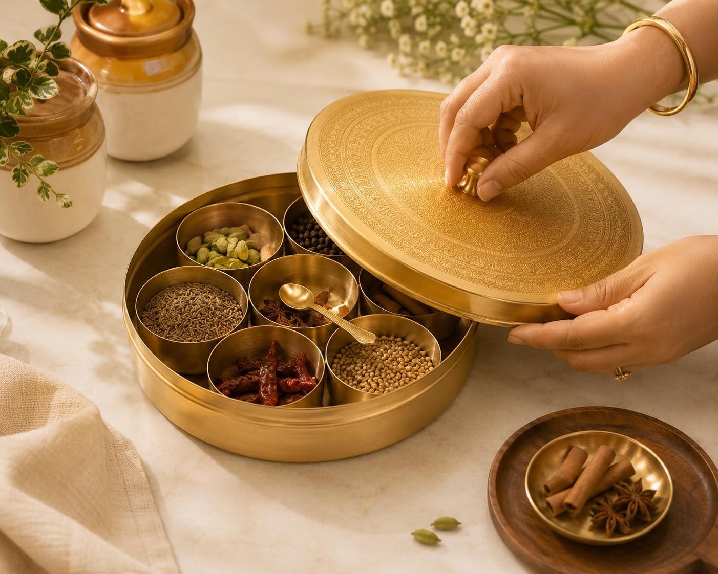 PITALAM Pure Brass Masala Dabba Spice Box with Spoon, 7 Containers 3