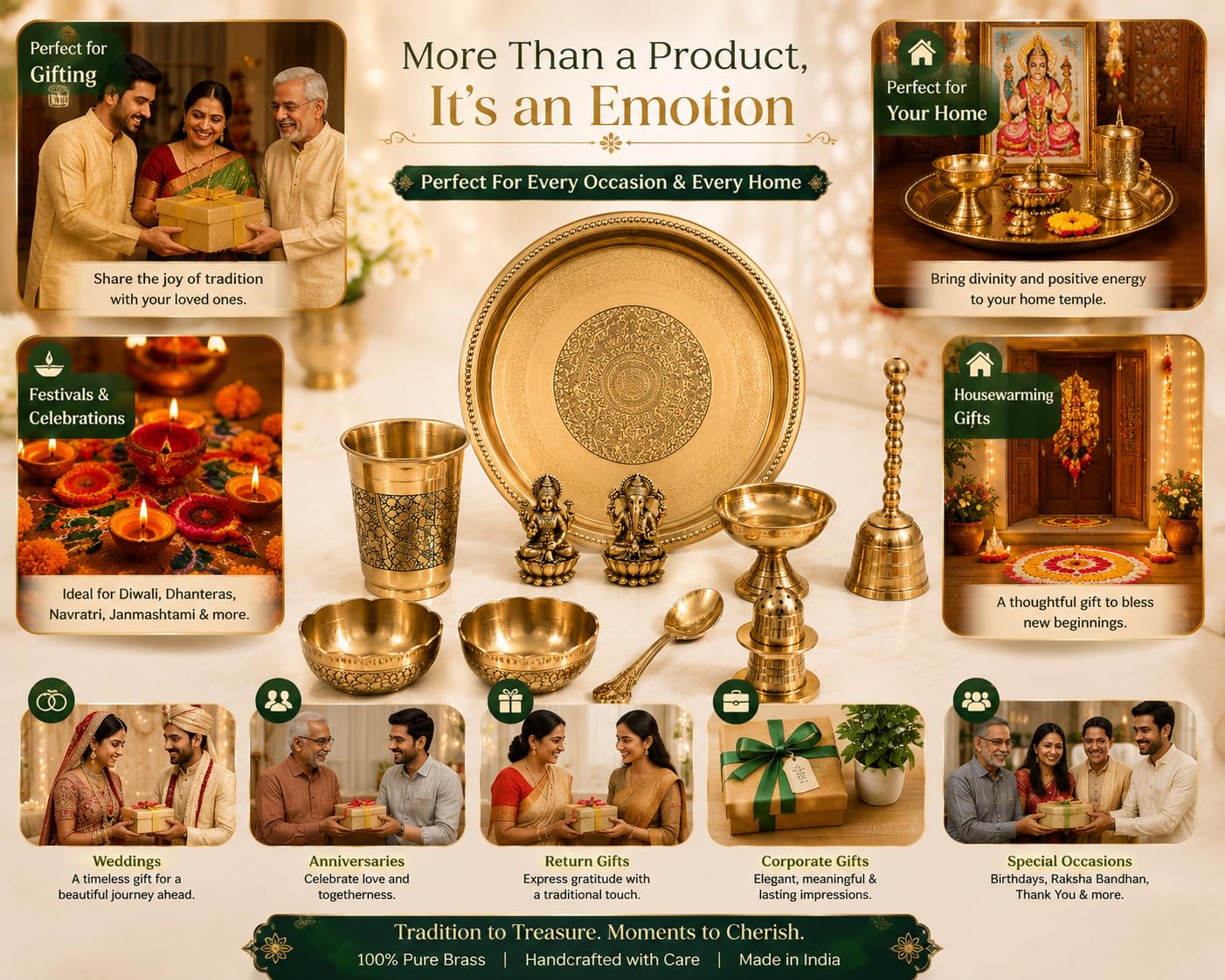 PITALAM 100% Pure Brass Round Bhog Thali/Pooja Plate 8 Inch (10, Arti Plate with Laxmi Ganesh Idol (10 Items)) 2