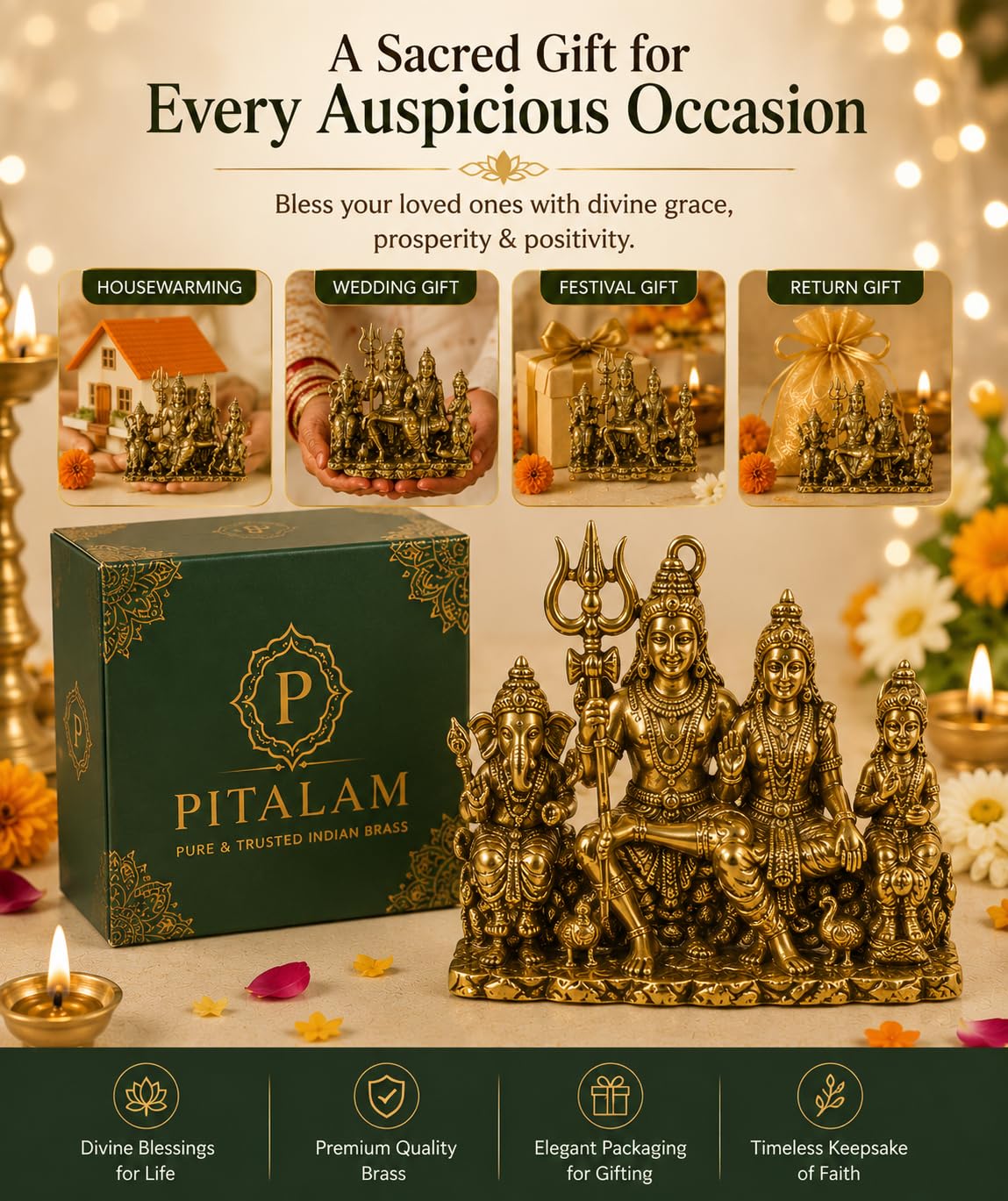 PITALAM Shiv Parivar Brass Idol Statue, 12.7x11.43x5.08 cm, Gold 5