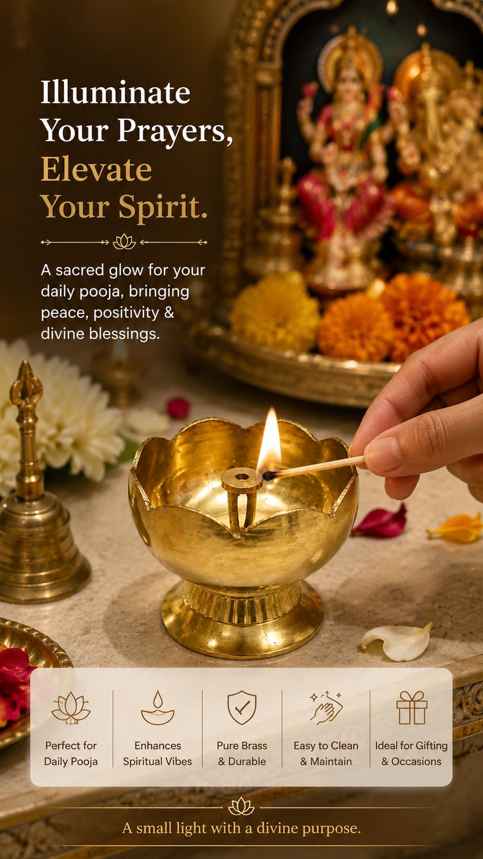 PITALAM | 100% Pure Brass Flower Diya Medium – Decorative Oil Lamp for Home Temple, Puja, Diwali Decoration & Spiritual Rituals (Single Piece) 2