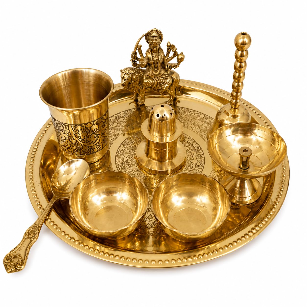 PITALAM 100% Pure Brass Round Bhog Thali/Pooja Plate 8 Inch (9, Arti Plate with Sherowali MATA Idol (9 Items)) 7