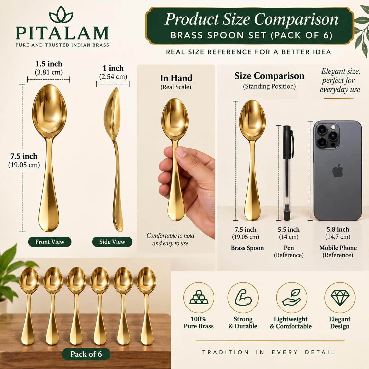 Pitalam 100% Pure Brass Spoon Set of 6, 7.5 Inch Dining Spoons 4