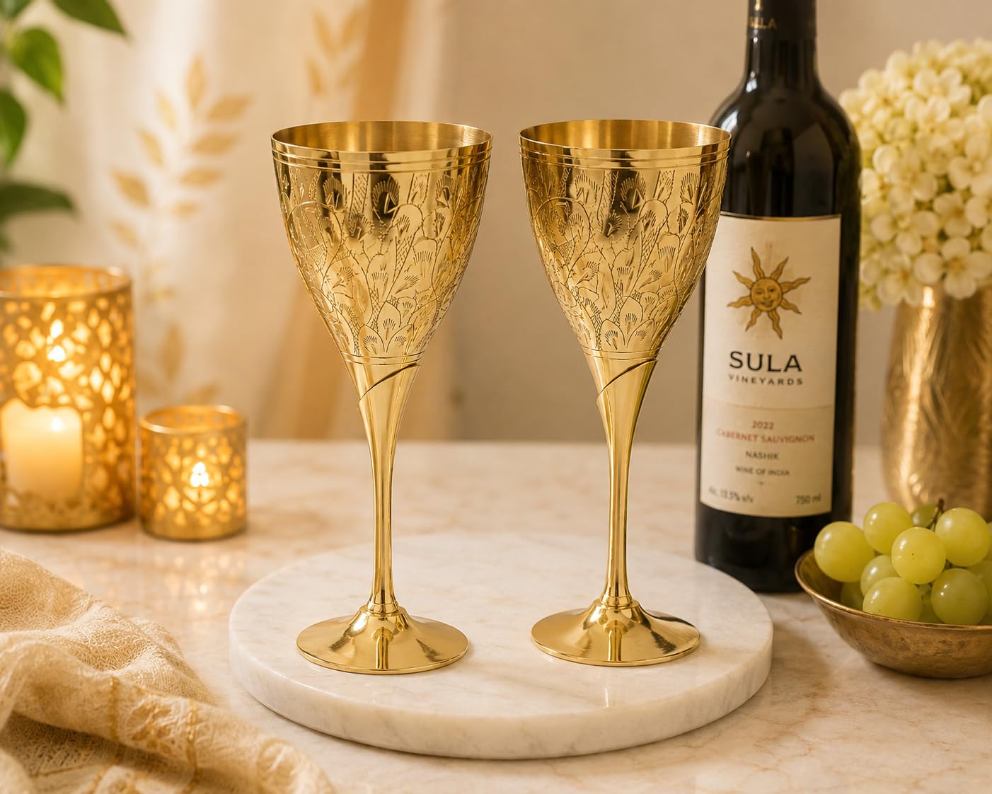 PITALAM | Pure Brass Wine Glass Set of 2, Hand Engraved Goblets, Weighted 2