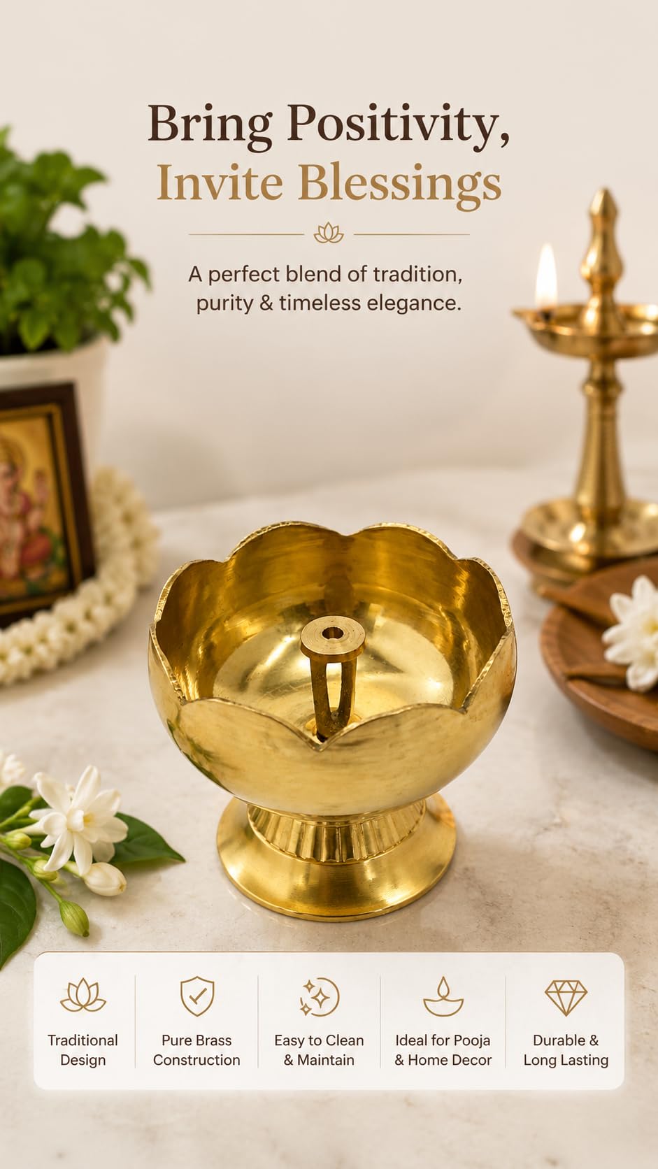 PITALAM | 100% Pure Brass Flower Diya Medium – Decorative Oil Lamp for Home Temple, Puja, Diwali Decoration & Spiritual Rituals (Single Piece) 5
