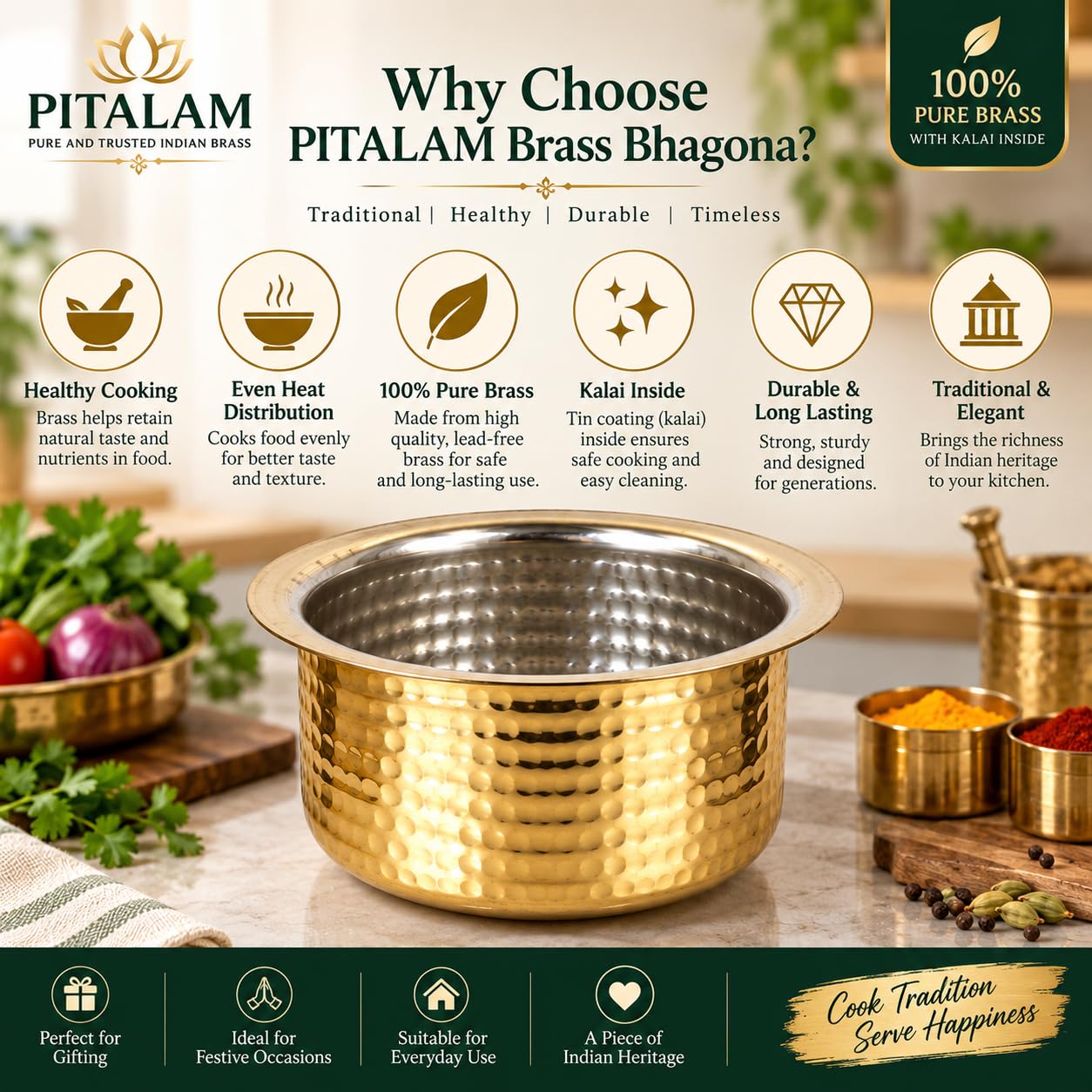 PITALAM 100% Pure Brass Bhagona Patila with Kalai Inside, 7 Inch 2