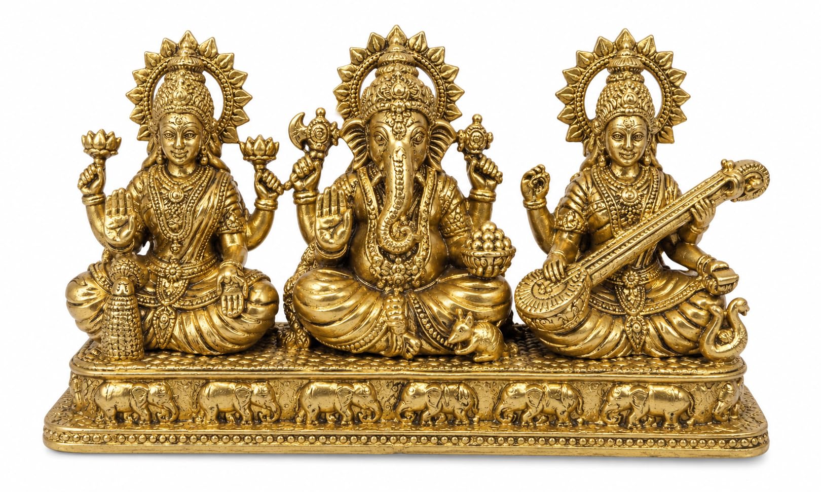 PITALAM 100% Pure Brass Lakshmi Ganesha Saraswati Idol, 5.5 x 3 inch