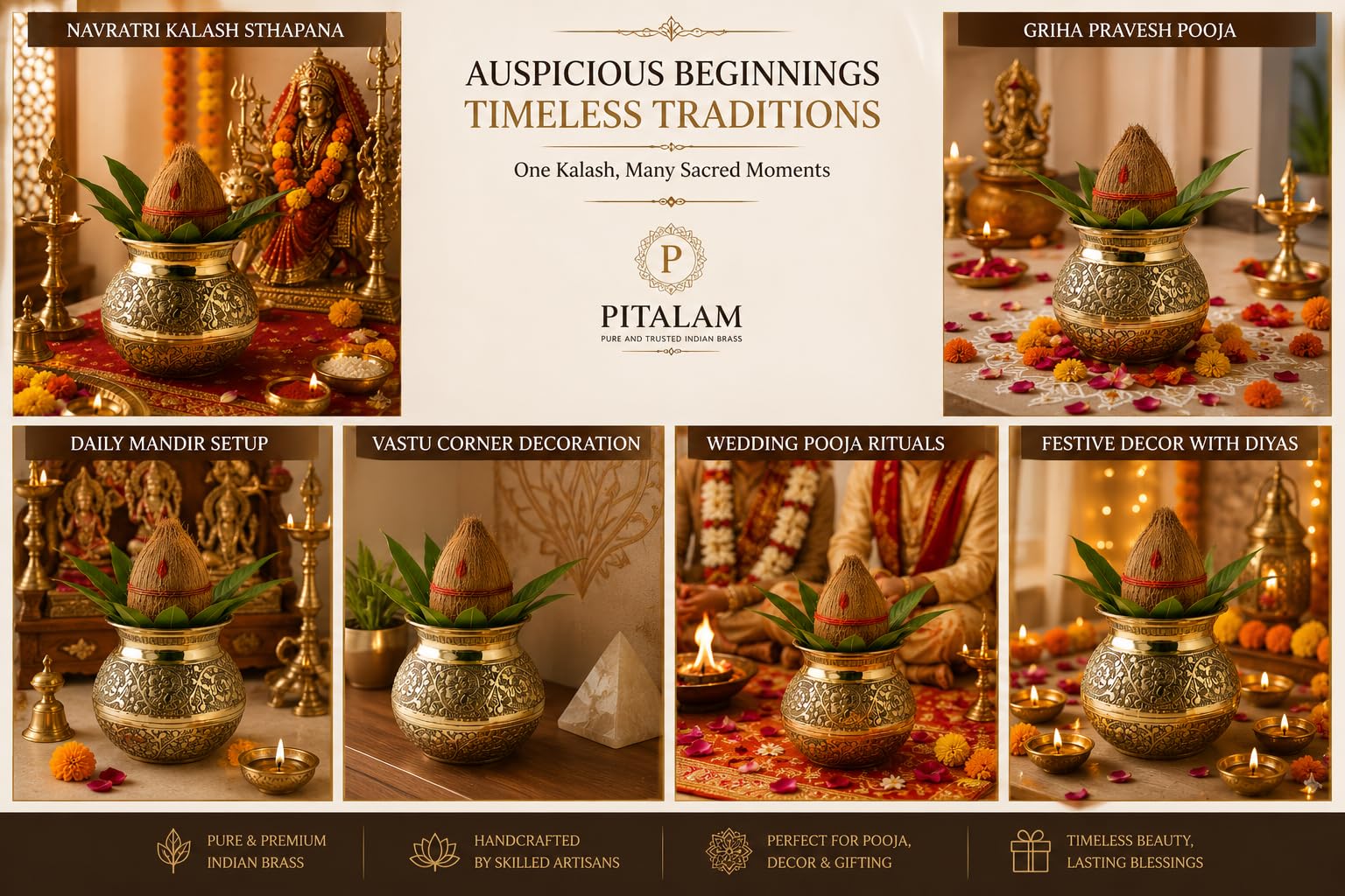 PITALAM 100% Pure Brass Kalash for Puja, 850ml 5