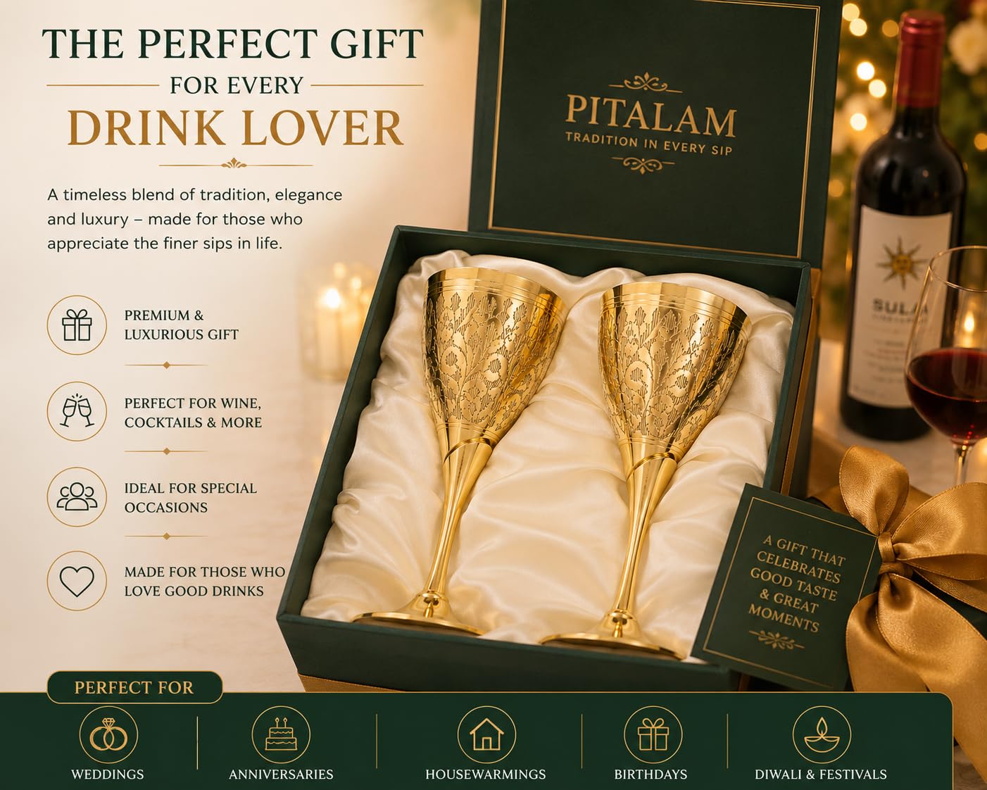 PITALAM | Pure Brass Wine Glass Set of 2, Hand Engraved Goblets, Weighted 5