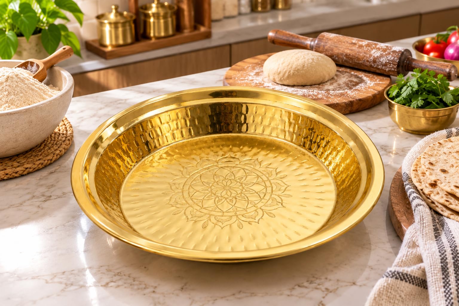 PITALAM 100% Brass Paraat for Dough Atta Kneading Hammered 8