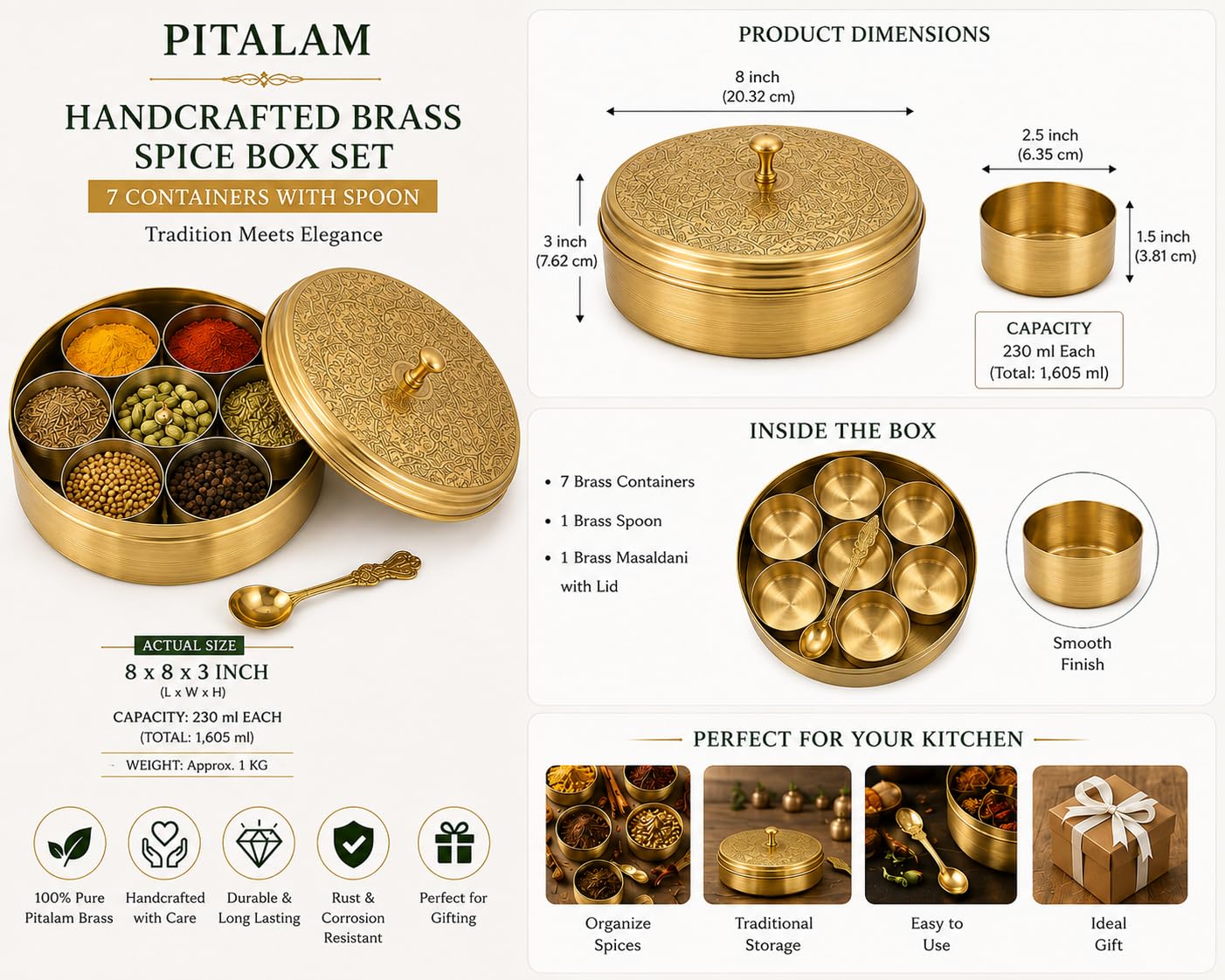 PITALAM 100% Pure Brass Spice Box for Kitchen with Spoon | 7 Containers Masala Box | Handcrafted Masala Dabba, Masaledani & Spice Storage Box | 1605 ml | Gold 2