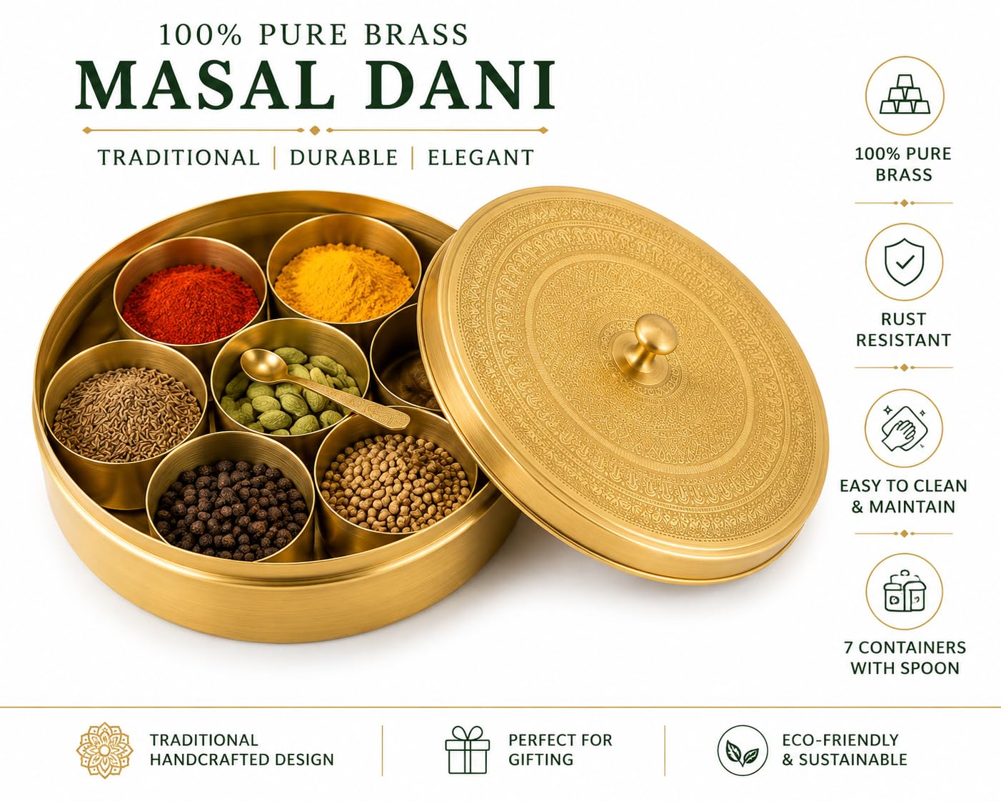 PITALAM Pure Brass Masala Dabba Spice Box with Spoon, 7 Containers 6